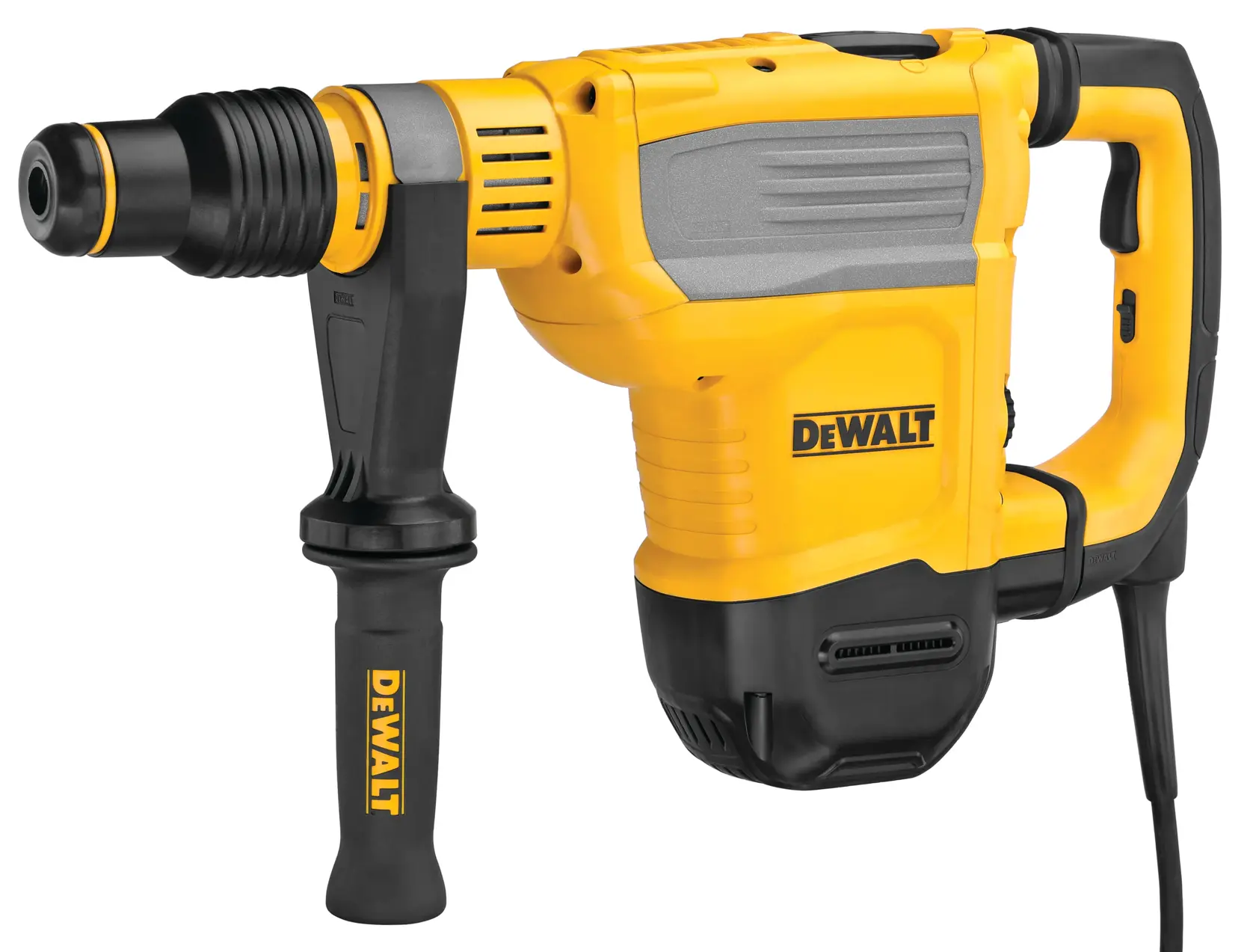 A DEWALT branded electric rotary hammer drill with a yellow and black body, ergonomic handle, and side grip, designed for heavy-duty construction work.