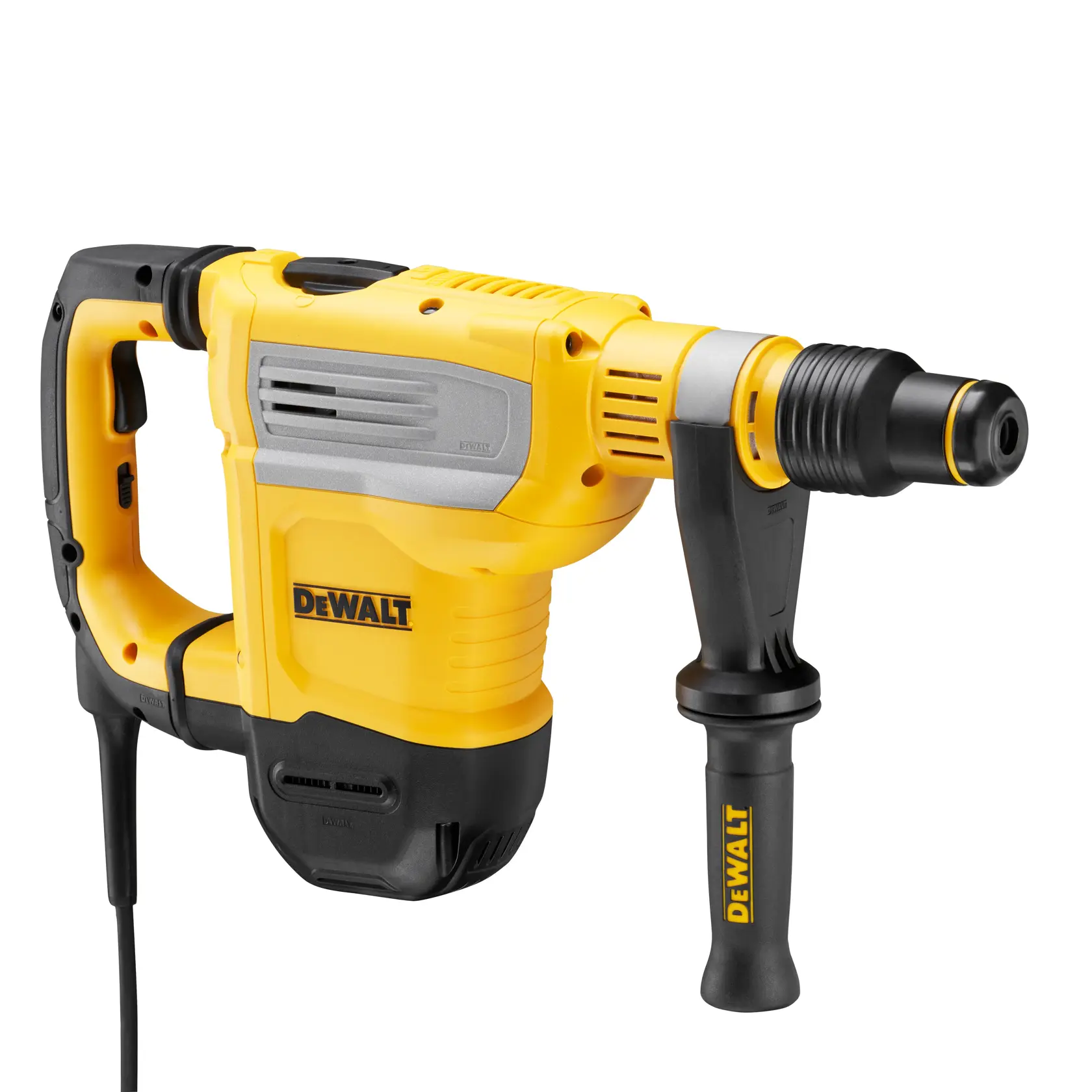 A person wearing safety gear and a helmet operates a DEWALT D25614K rotary hammer drill against a concrete wall in a construction site. DEWALT equipment and tools are visible in the background.
