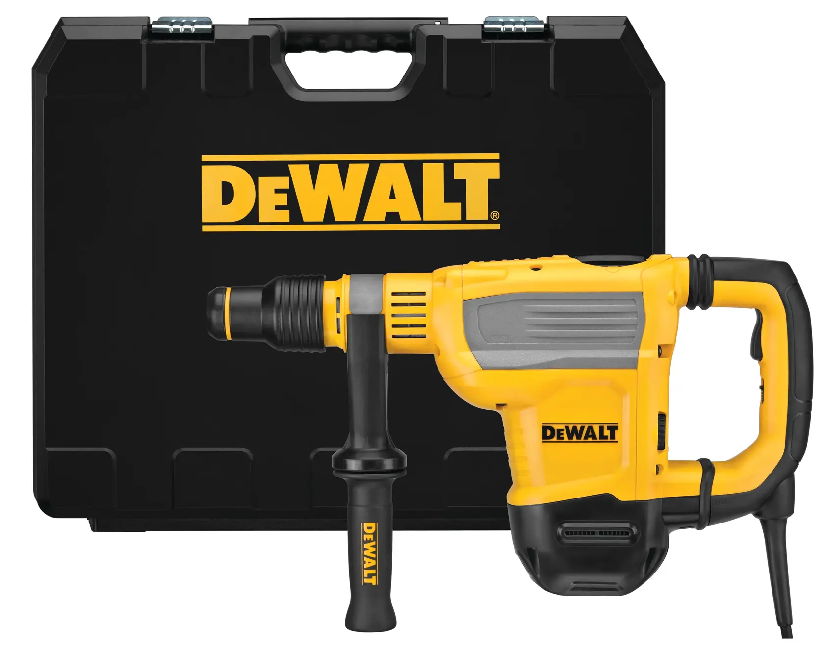 A yellow and black DEWALT rotary hammer drill with an auxiliary handle, placed in front of a black carrying case with the DEWALT logo.