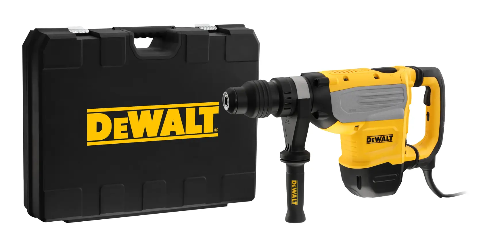 A DEWALT rotary hammer drill with a side handle and power cord, shown next to a black carrying case with the DEWALT logo.