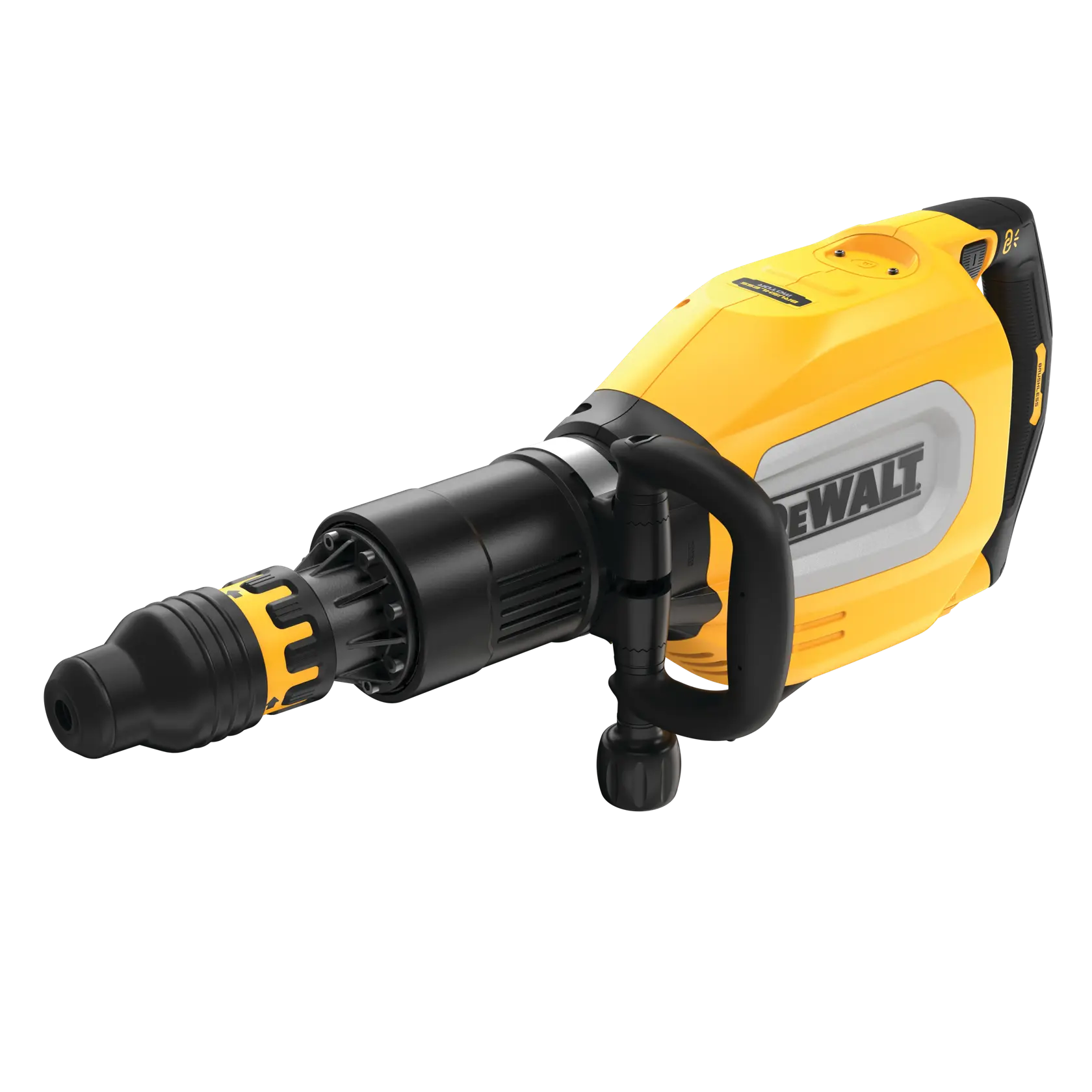 DEWALT electric demolition hammer, yellow and black, side handle, suitable for heavy-duty construction work.