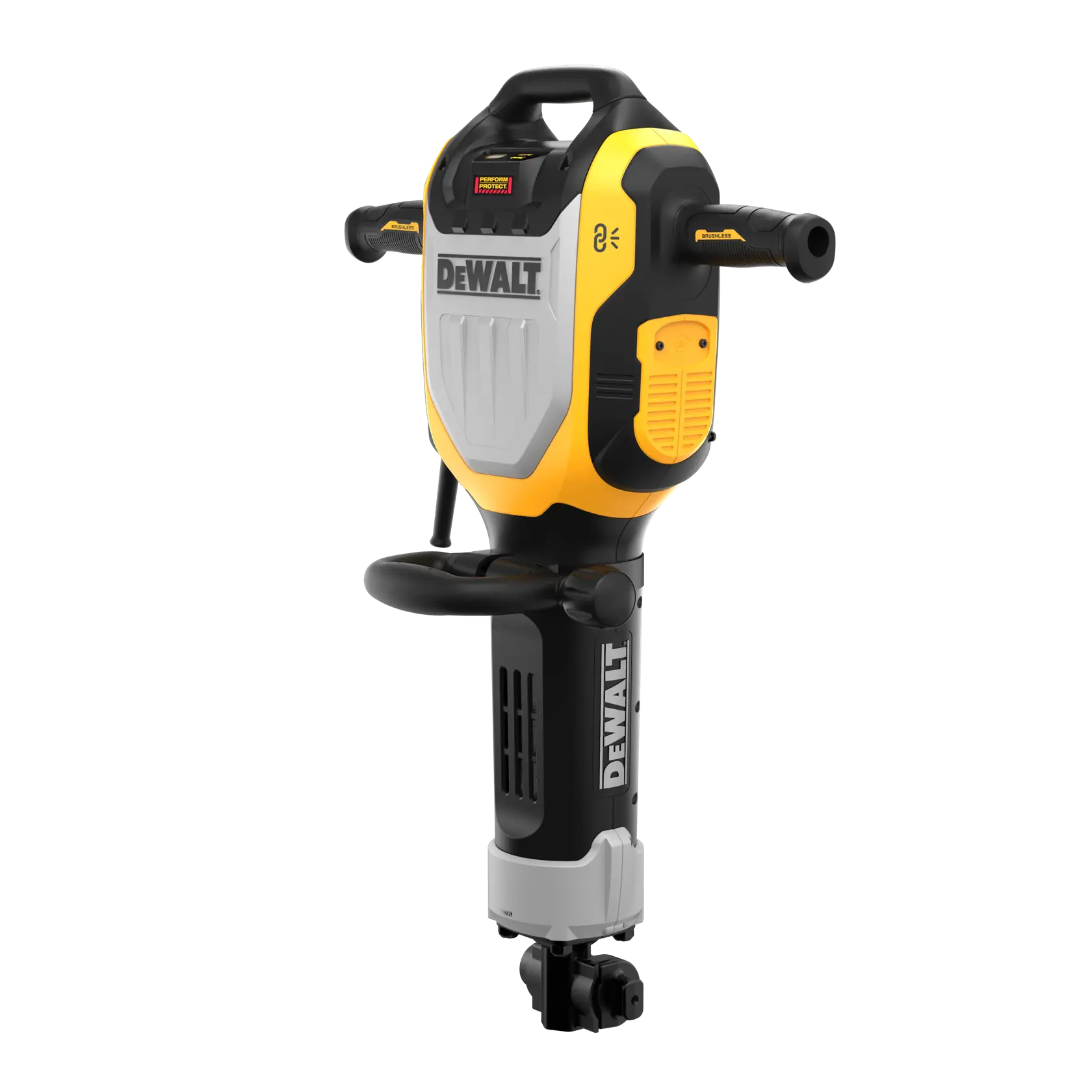 A DEWALT electric jackhammer with yellow and black design, ergonomic handles, and a robust build, shown upright on a white background.