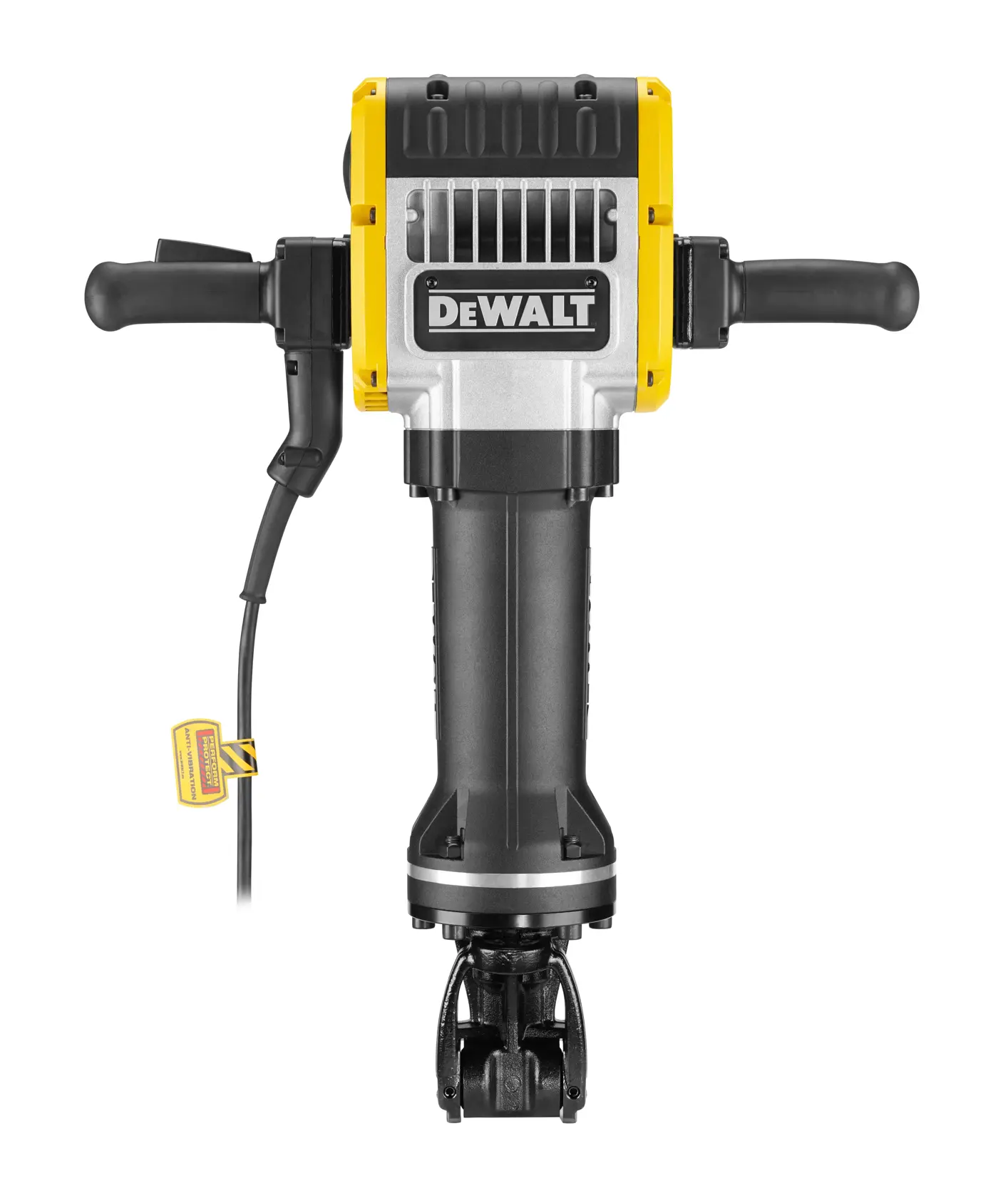 Front view of a DEWALT electric jackhammer with handles and cord, model D25981.