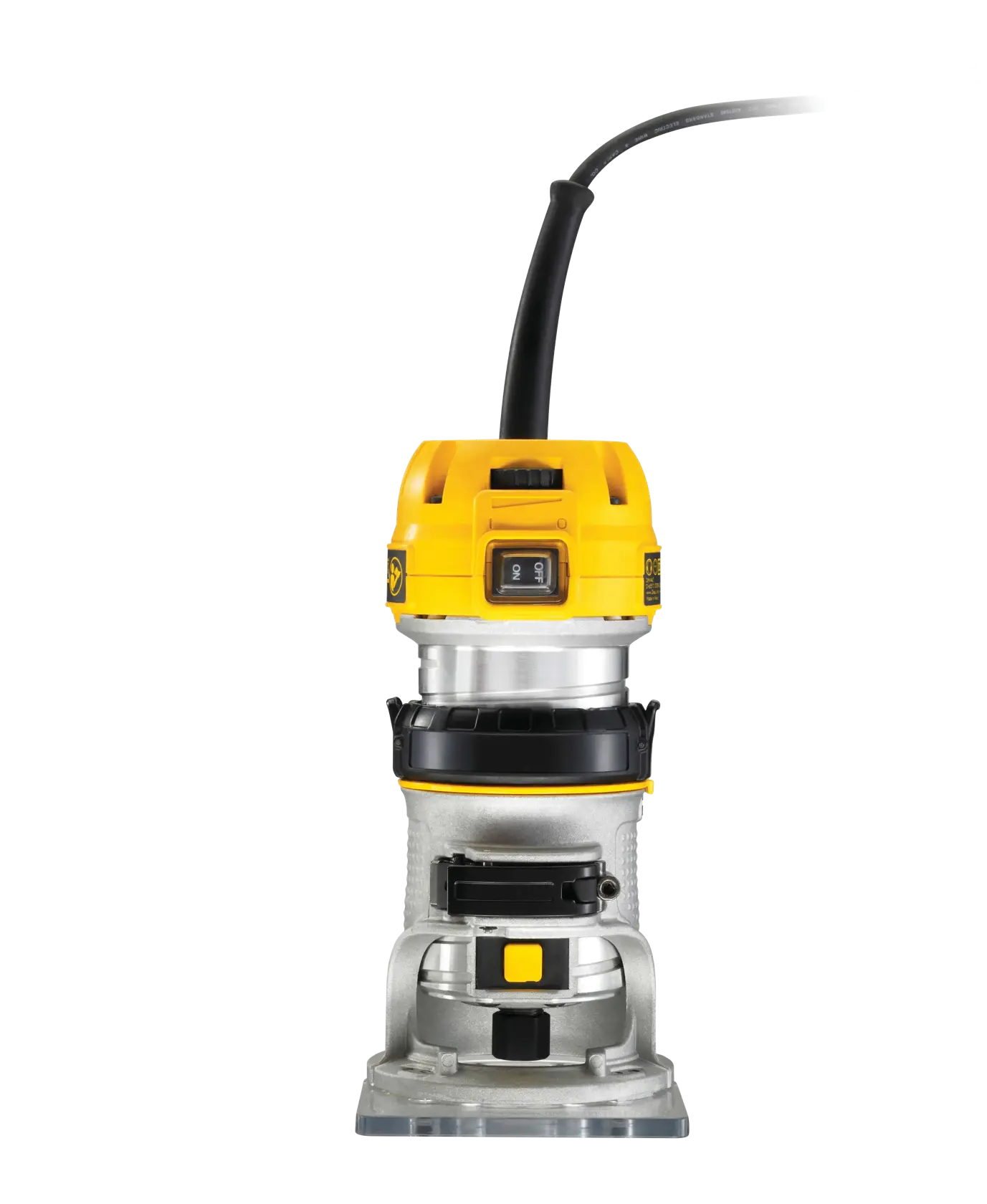 A DEWALT D26200 electric compact router with a yellow and silver body, black accents, and a power cord attached, shown from the front on a white background.