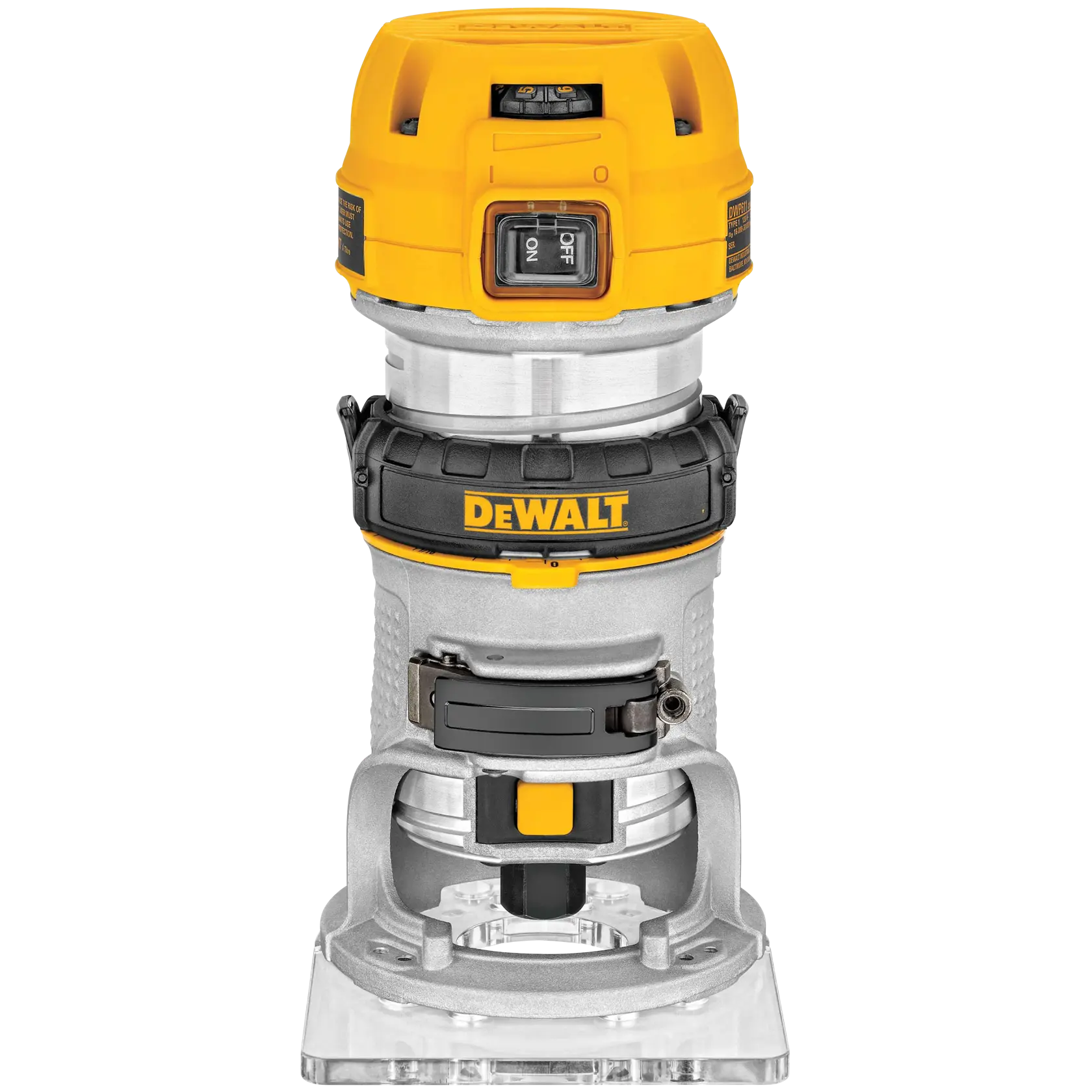 Front view of a DEWALT D26200 compact router, featuring a yellow and silver design with an ON/OFF switch on top and the DEWALT logo on the black band.