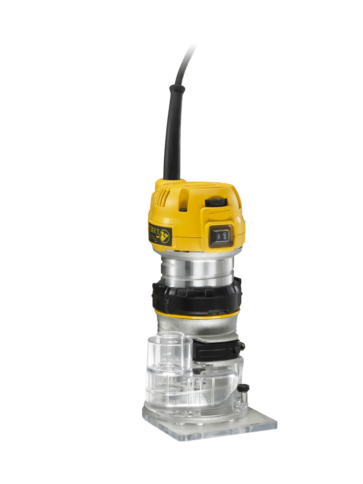DEWALT D26200 compact router tool with yellow top, power cord, and clear base on white background.