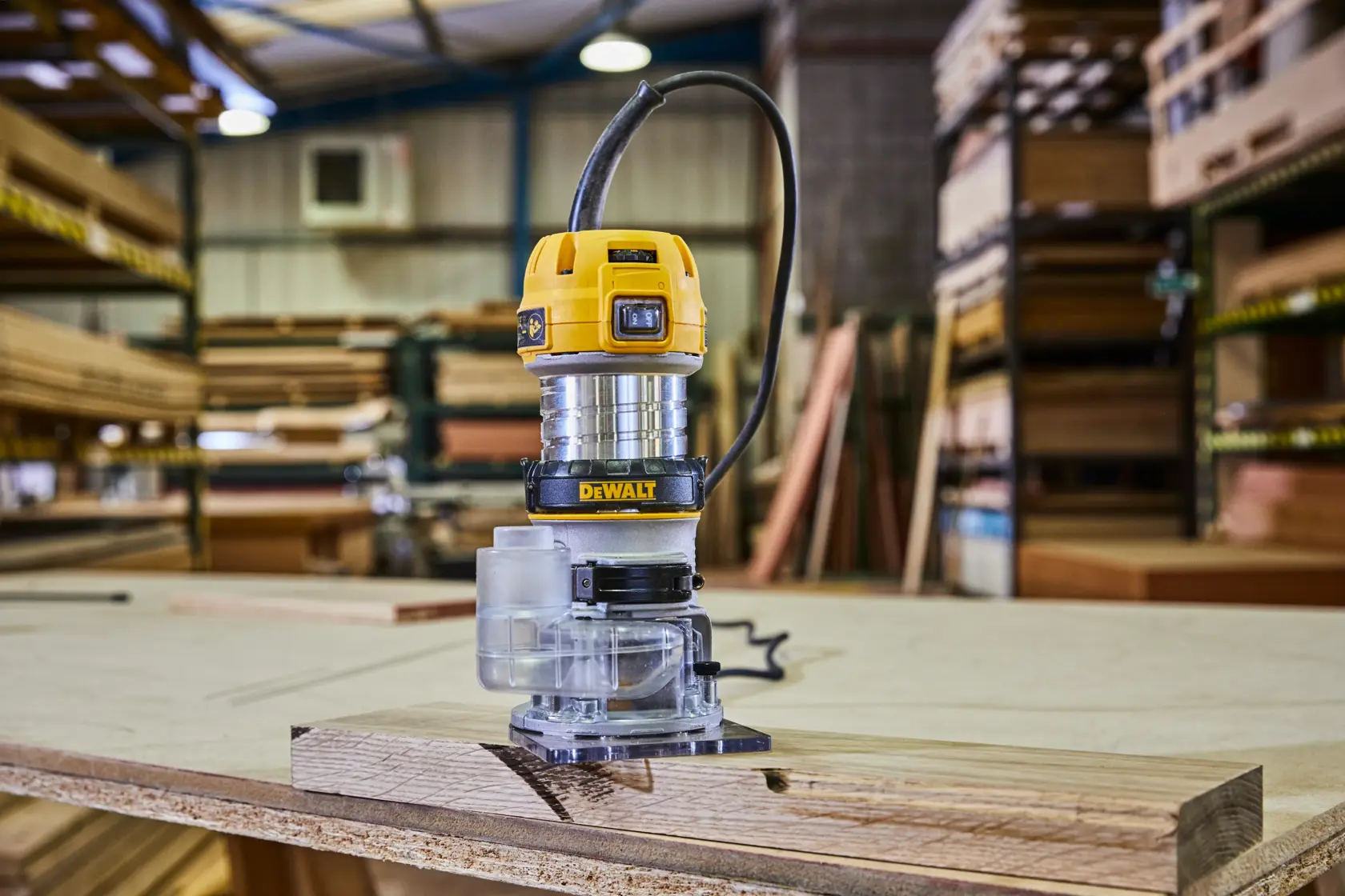 A DEWALT electric router model D26200 is placed on a piece of wood in a workshop. The tool is yellow and silver with a cord attached, and woodworking materials are visible in the background.