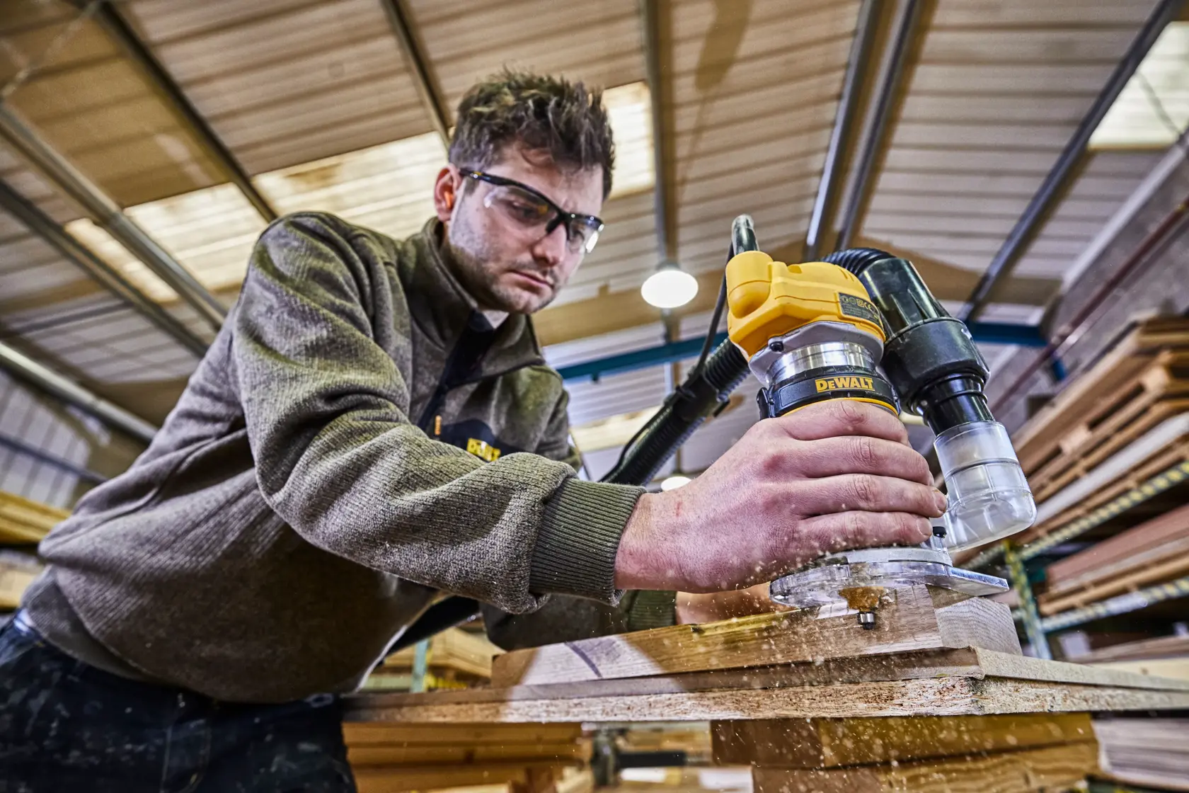 A person using a DEWALT D26200 router tool to work on a piece of wood in a workshop. The individual's face is blurred and there are wood shavings visible during the operation.