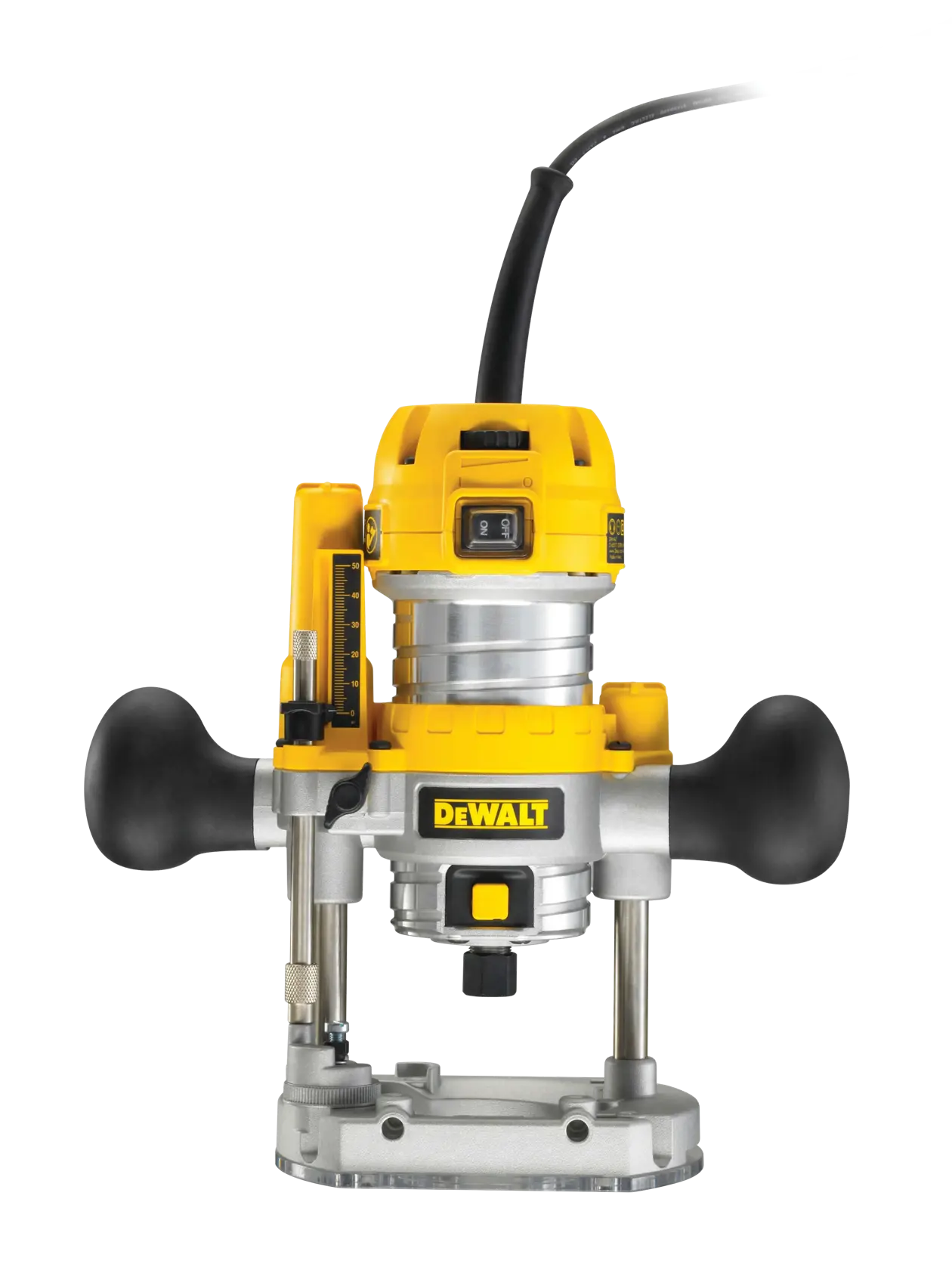 DEWALT D26203 plunge router with dual handles and depth adjustment, corded, yellow and silver.