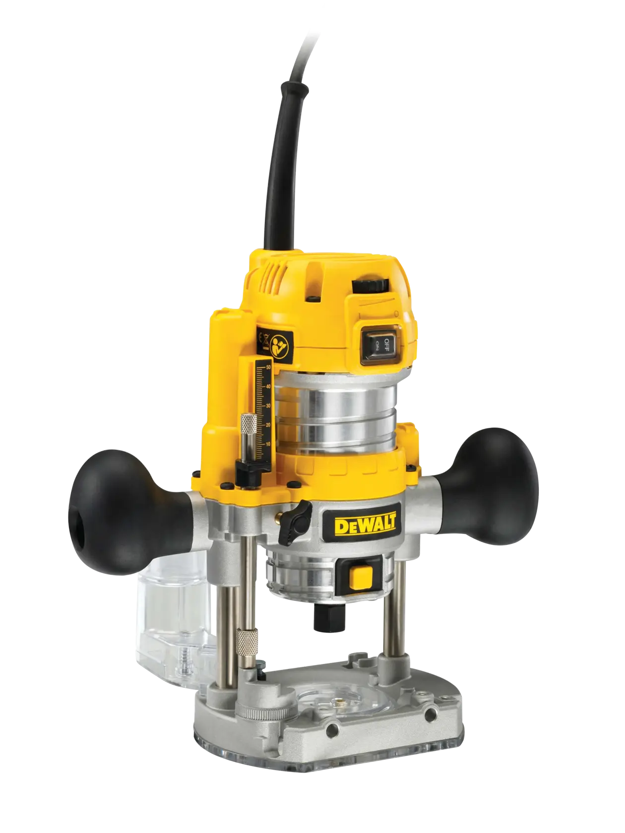 A DEWALT D26203 plunge router, featuring a yellow and black design, two ergonomic side handles, a clear base, and a power cord, suitable for woodworking and precision cutting tasks.