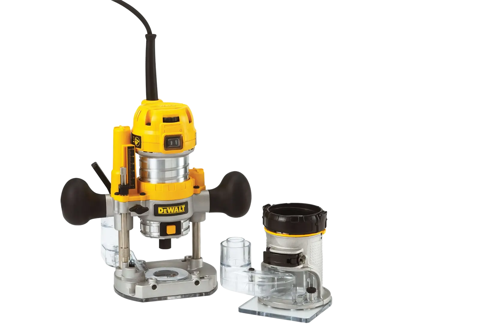 DEWALT router kit with two bases for woodworking, featuring yellow and black design on a white background.
