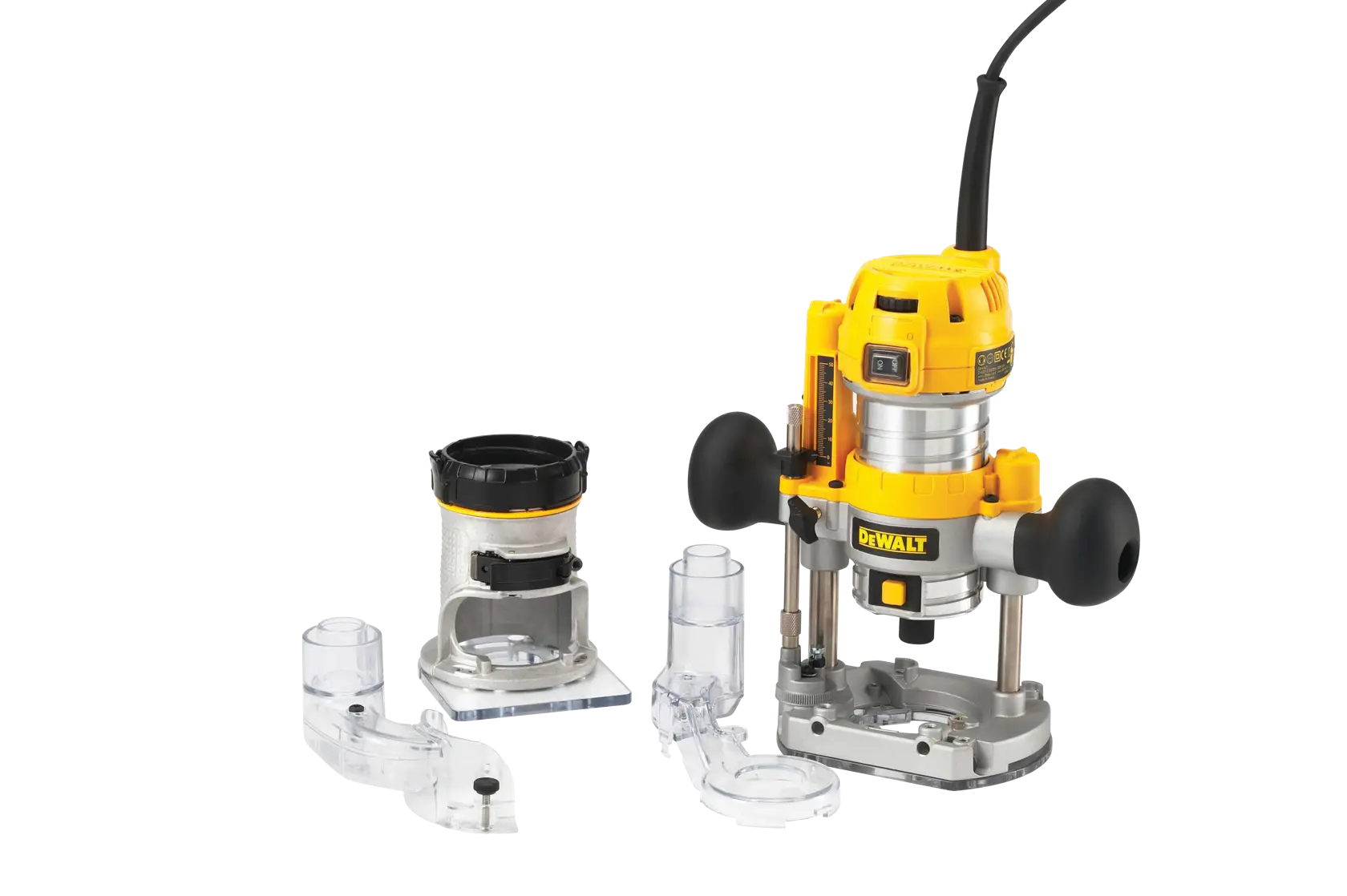DEWALT D26204K router set with accessories on white background.