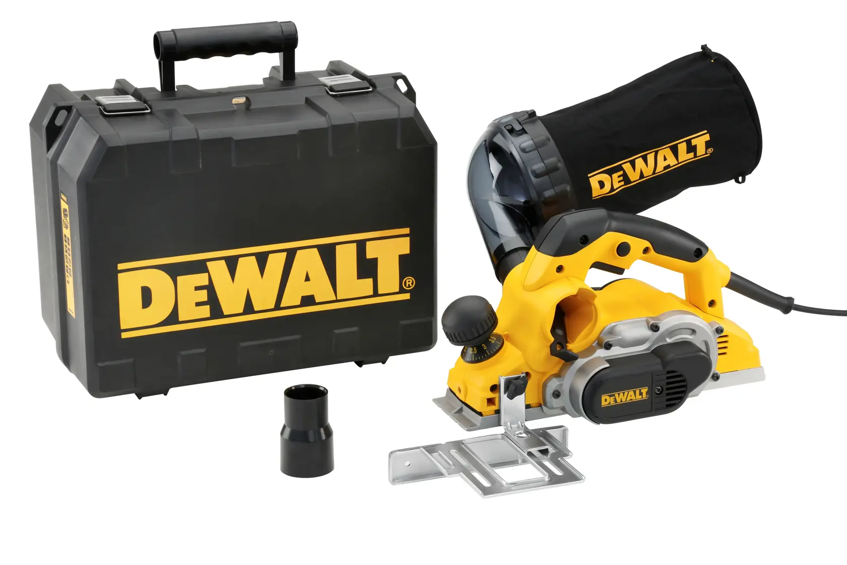 DEWALT electric planer with black case, dust bag, and accessories, displayed on a white background.