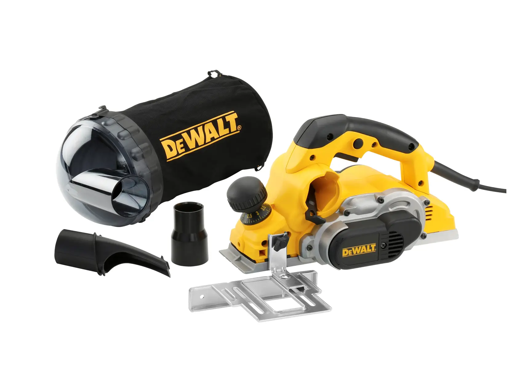 DEWALT electric planer D26500K with accessories and dust bag, shown on a white background.