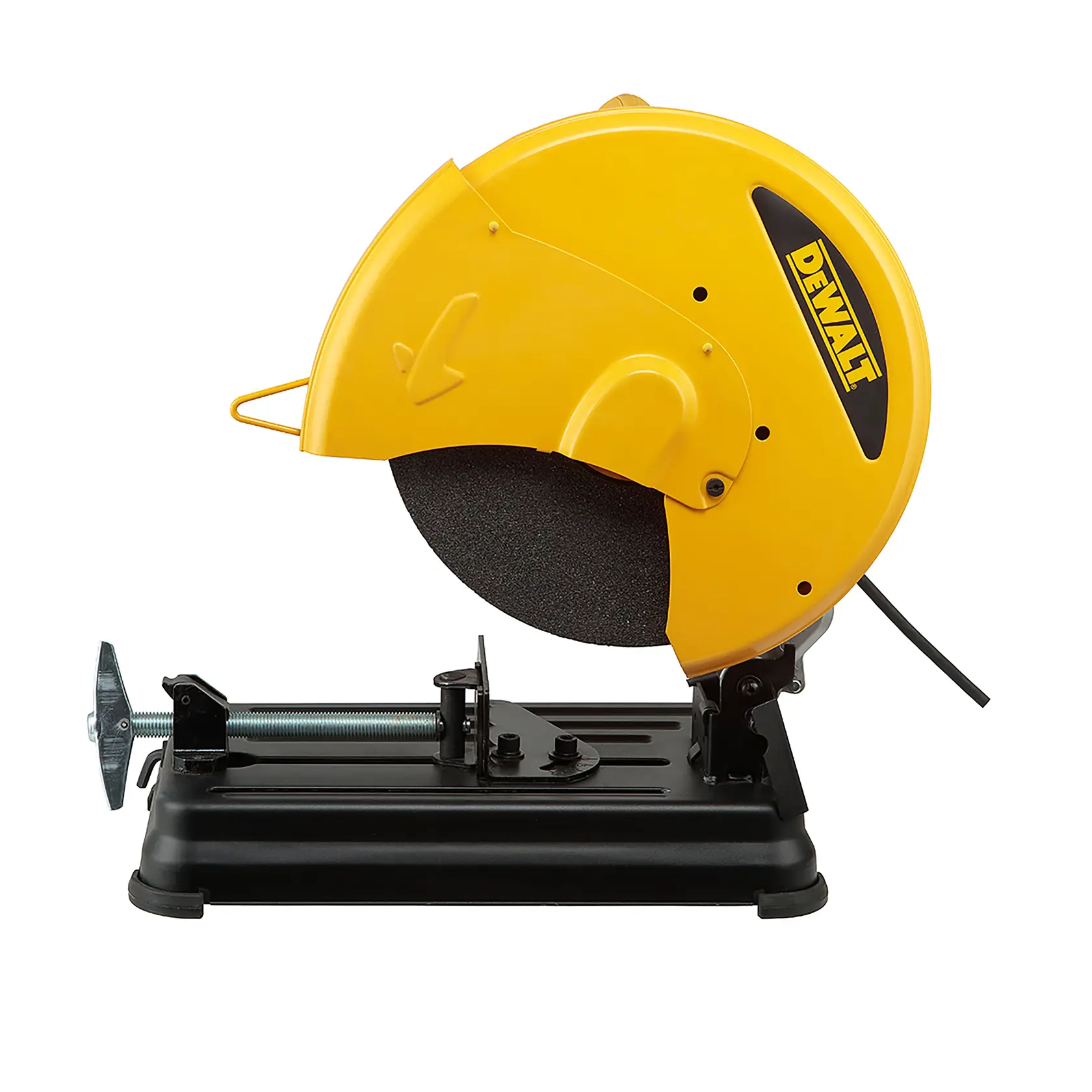 A person wearing safety gear operates a DEWALT metal cutting saw, model D28730, to cut metal bars in an industrial setting. Sparks fly from the cutting area.
