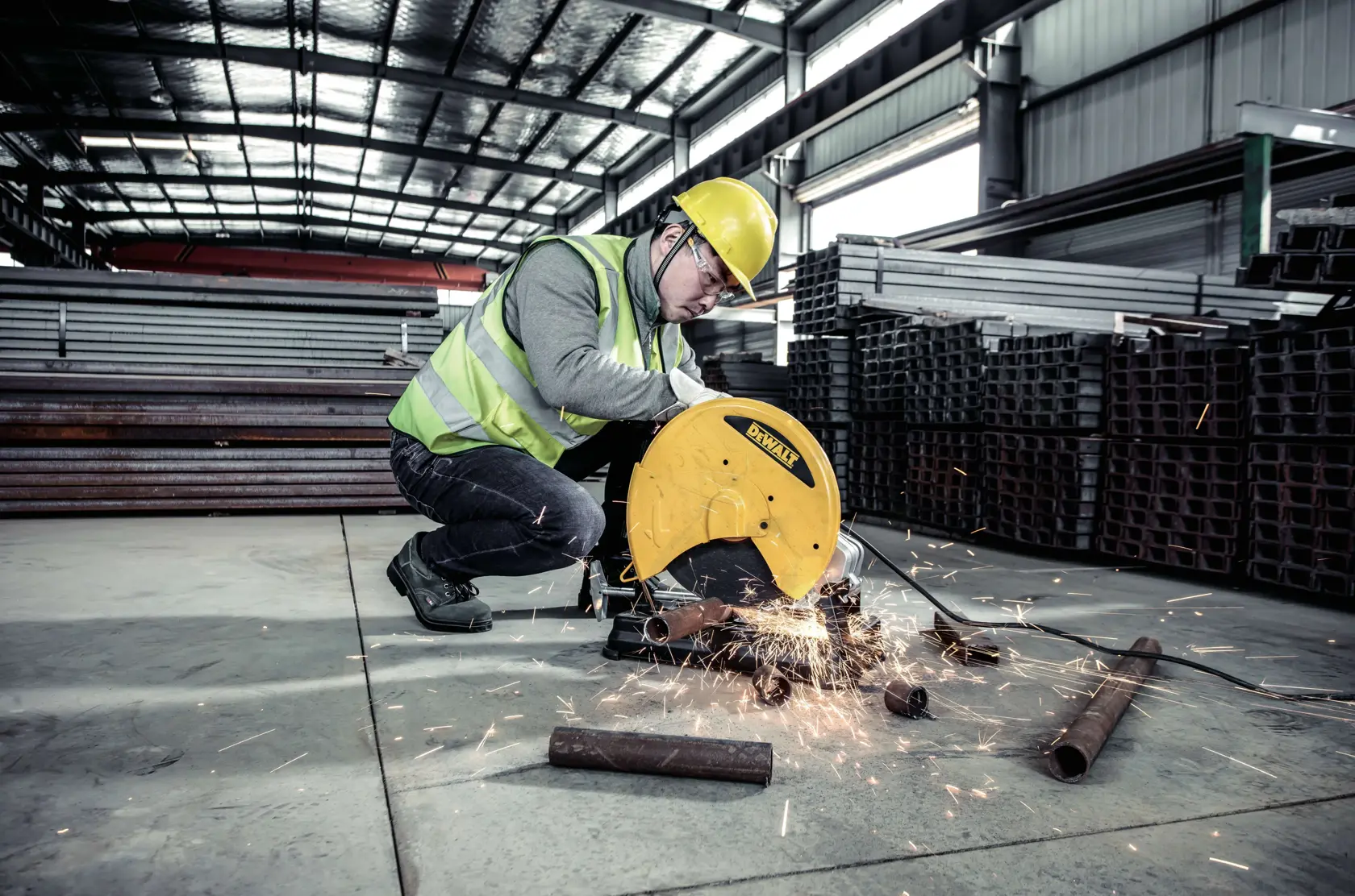 A worker wearing a yellow safety helmet and reflective vest is cutting metal with a yellow DEWALT chop saw, producing sparks. The worker is in an industrial warehouse surrounded by stacks of metal bars and sheets.