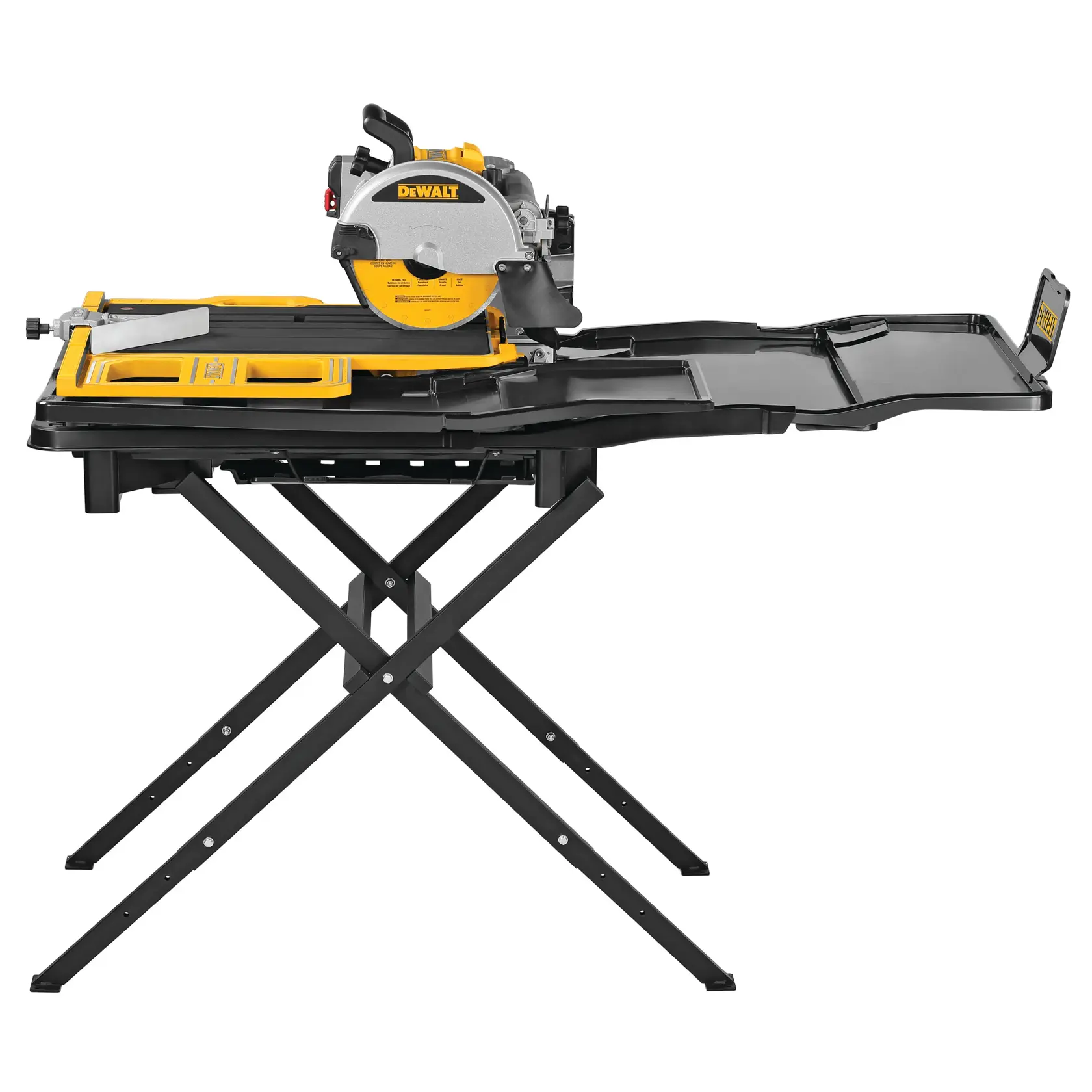 A DEWALT-branded tile saw with a yellow and silver cutting blade, mounted on a foldable black stand with an extended work surface.