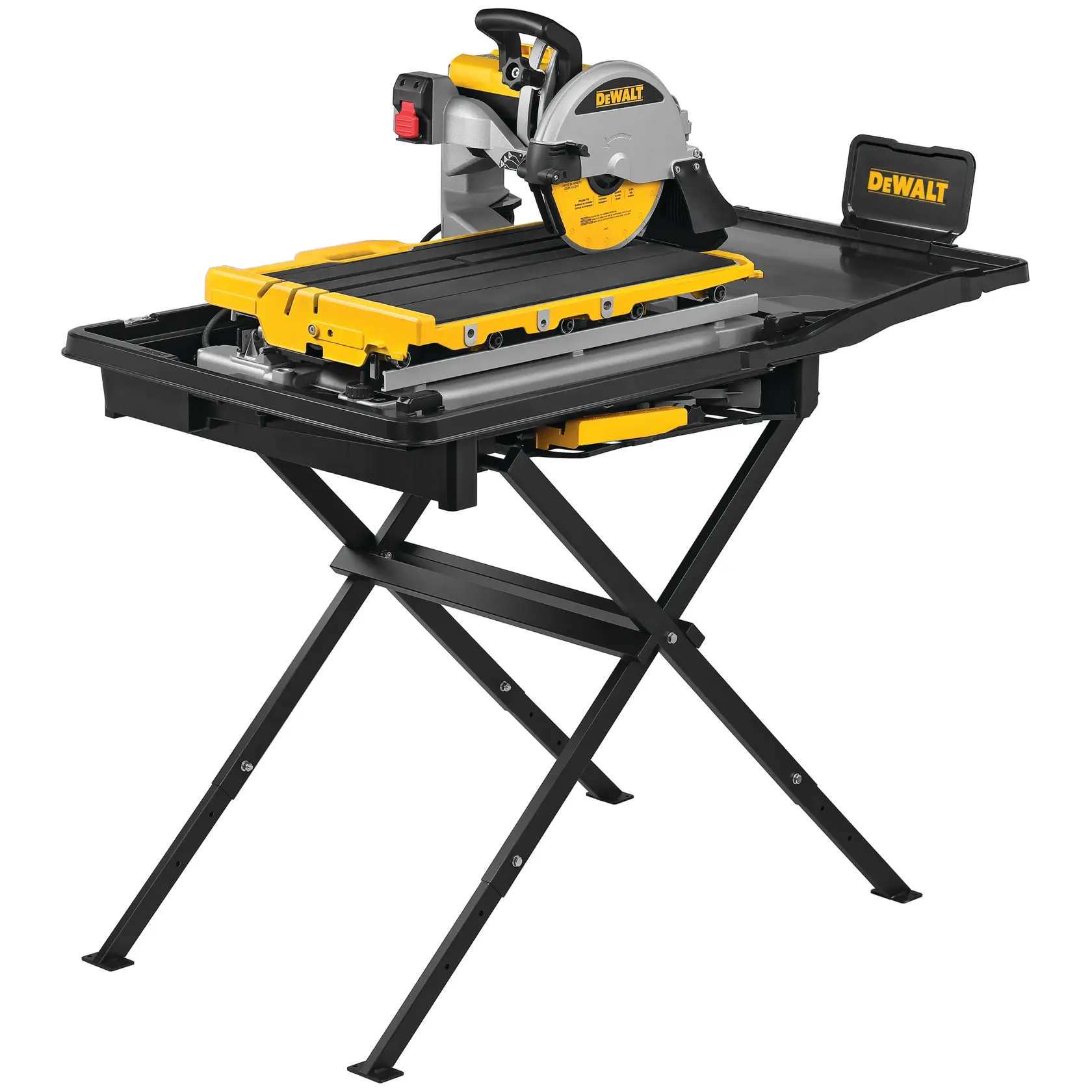 A DEWALT tile saw with a yellow and black design, mounted on a foldable black metal stand. The saw has a sliding table for precise cutting and a water tray beneath to catch debris.