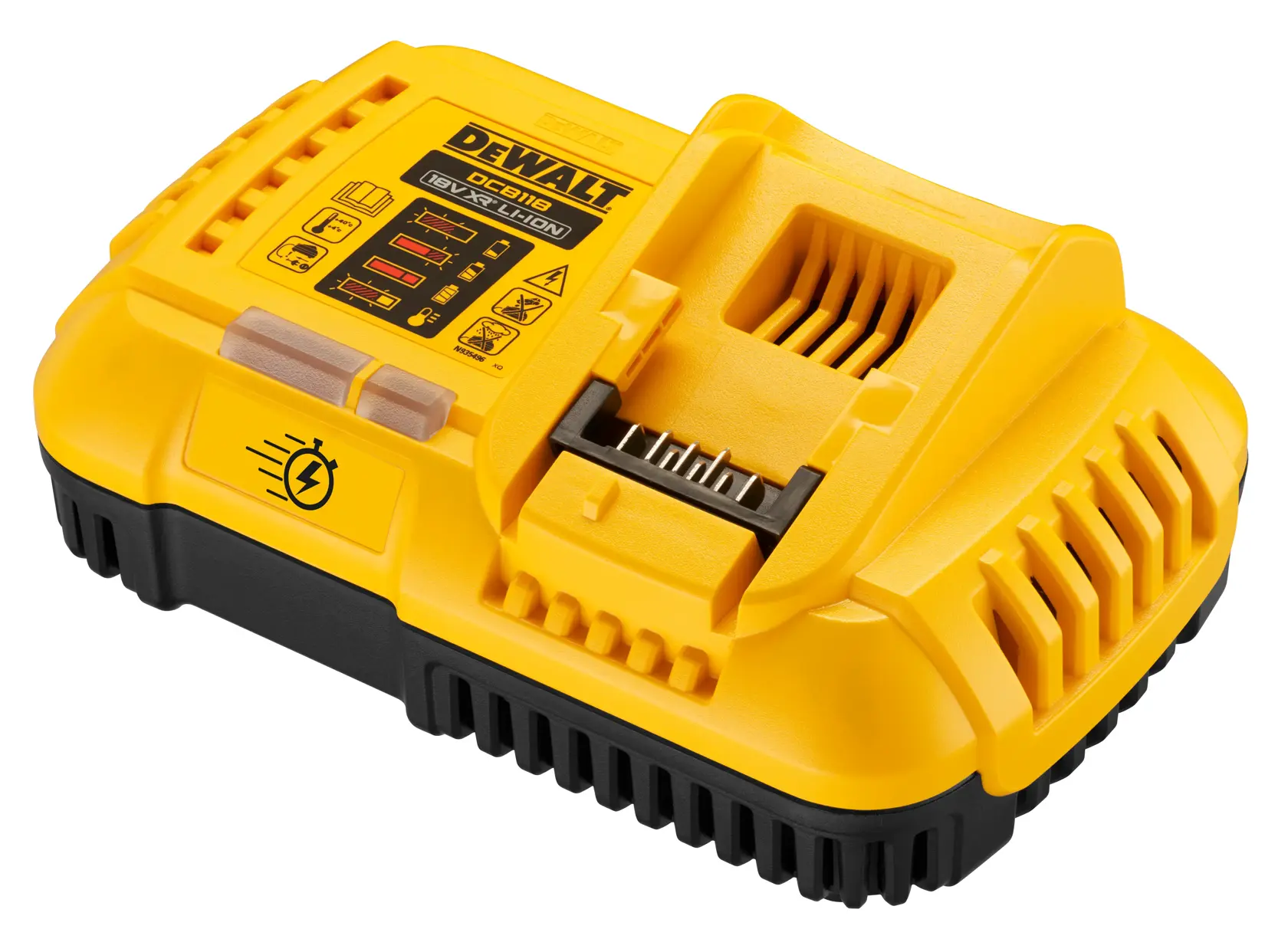A DEWALT DCB118 yellow and black lithium-ion battery charger, shown from an angle with visible indicator panel and charging slot.
