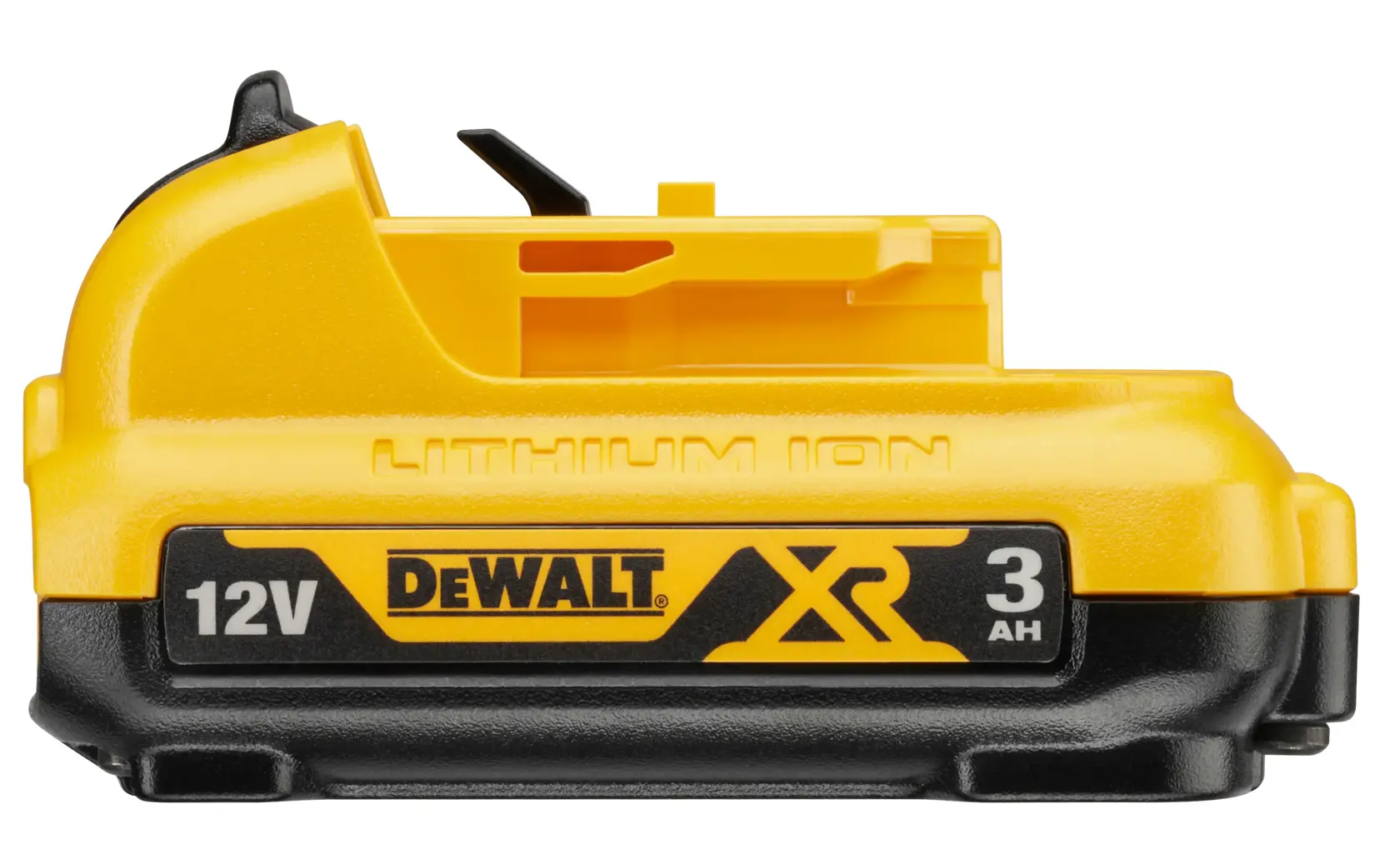 Une batterie lithium-ion DEWALT en gros plan, indiquée 12V MAX et 3Ah. La batterie est jaune et noire avec le logo DEWALT bien visible.