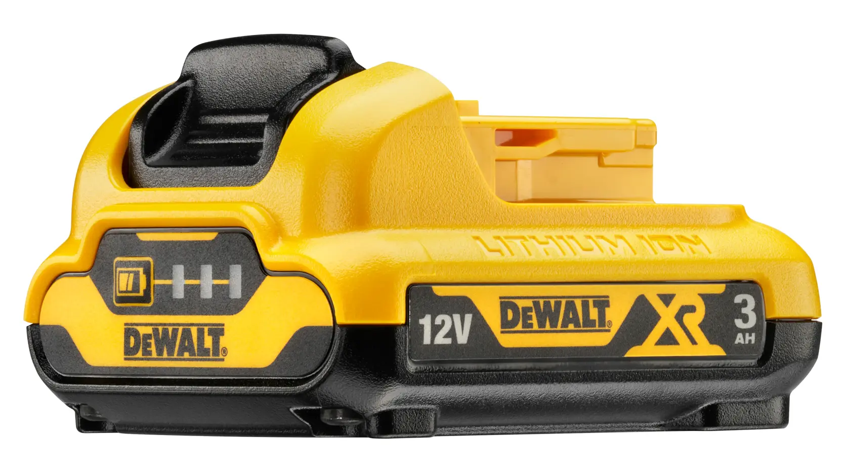 A DEWALT lithium-ion battery shown in close-up, labeled 12V MAX and 3Ah. The battery is yellow and black with the DEWALT logo clearly visible.