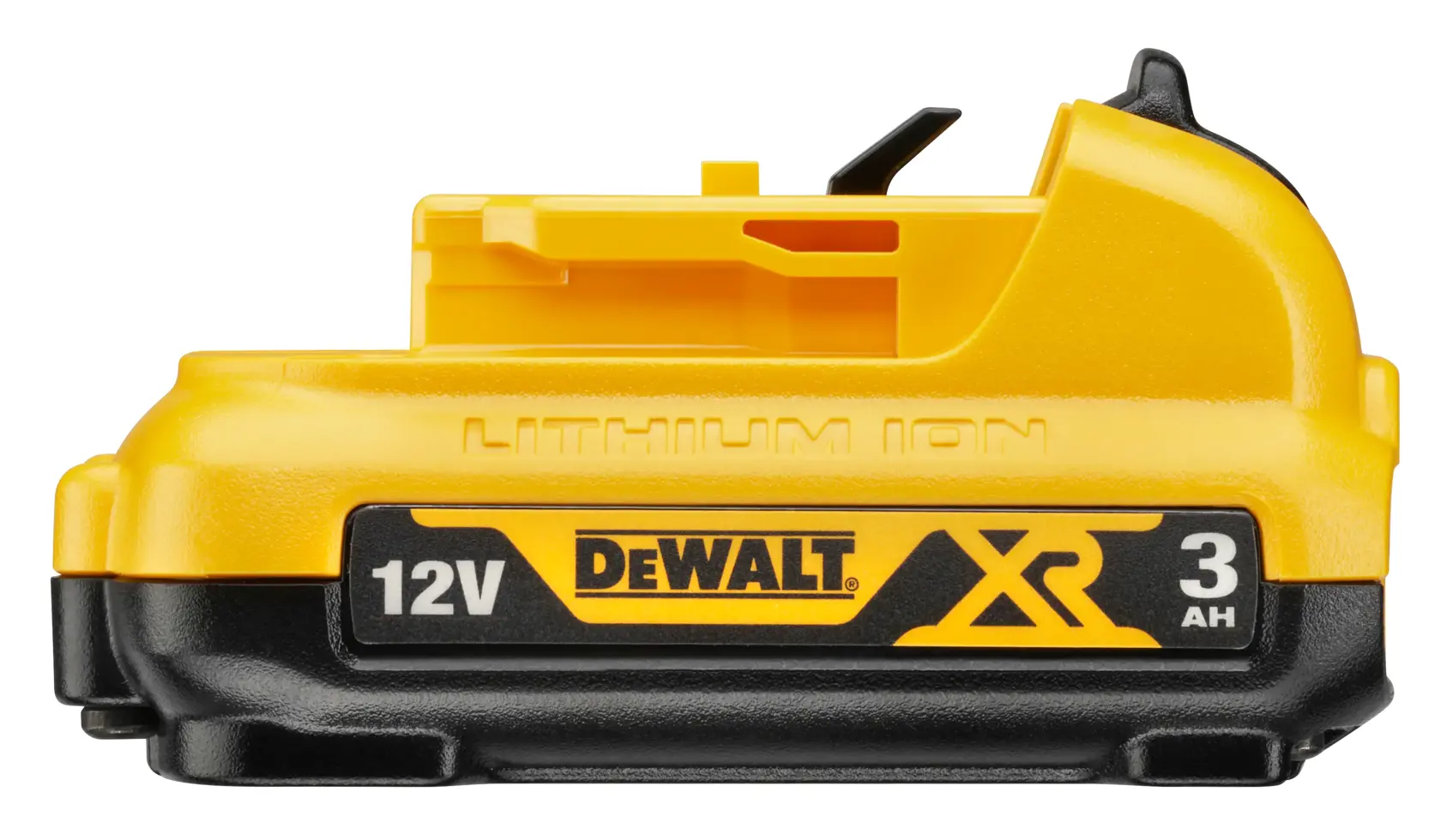 A DEWALT lithium-ion battery shown in close-up, labeled 12V MAX and 3Ah. The battery is yellow and black with the DEWALT logo clearly visible.