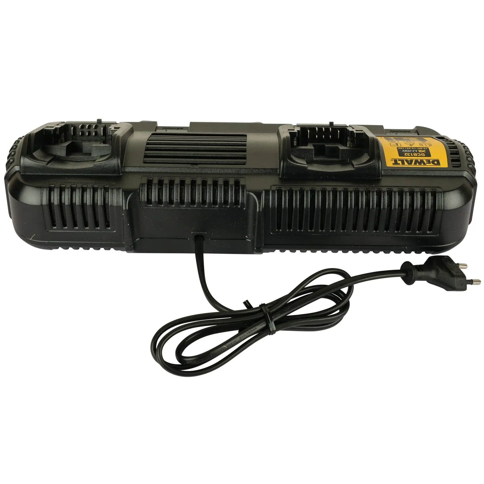 DEWALT DCB132 dual battery charger with power cord for charging tool batteries, shown from above.