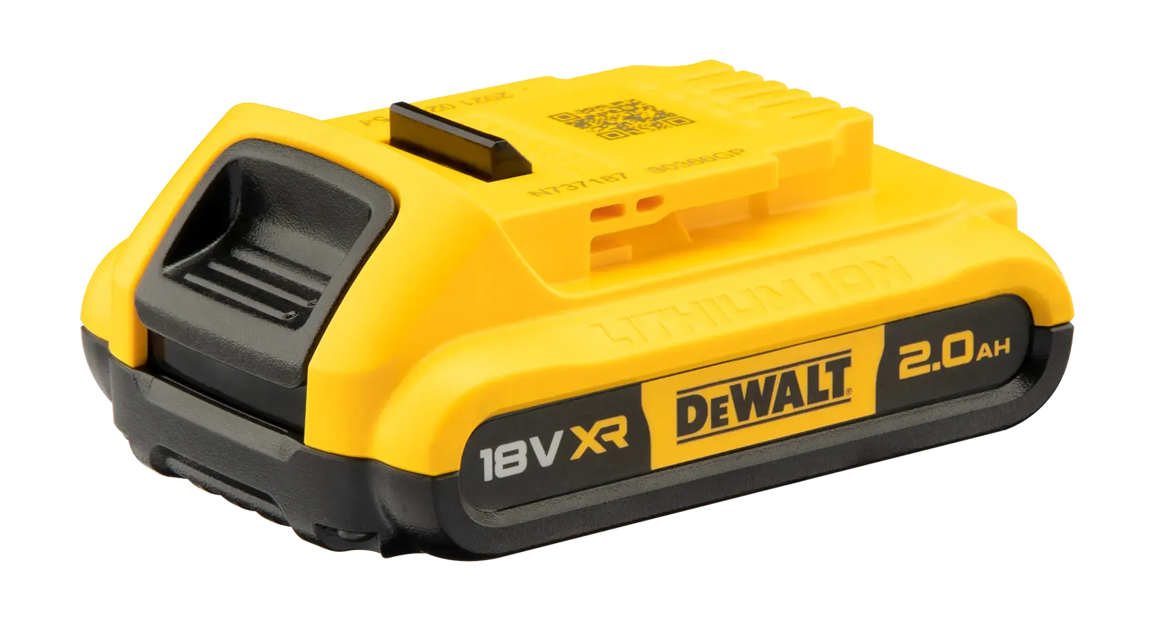 Wiederaufladbarer DEWALT 18V XR 2,0Ah Lithium-Ionen-Akku, hauptsächlich gelb mit schwarzen Akzenten, für Elektrowerkzeuge.