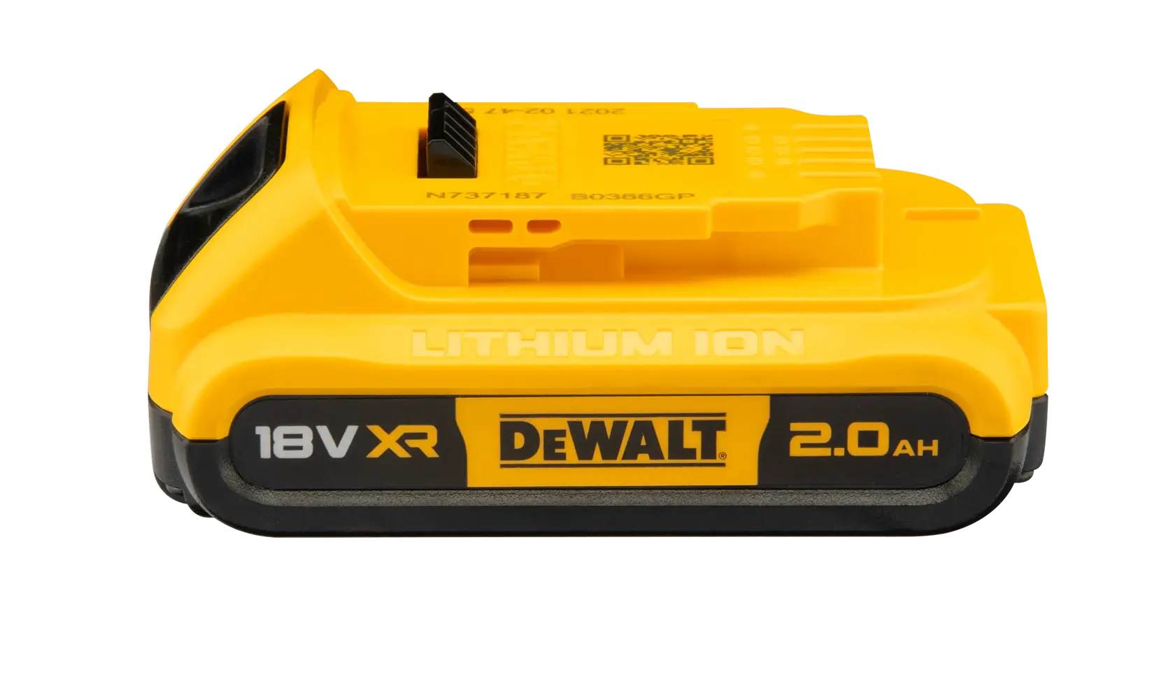 Ein DEWALT 18V XR Lithium-Ionen-Akkupack mit einer Kapazität von 2,0 Ah. Der Akku ist gelb und schwarz und zeigt das DEWALT-Logo an der Seite.