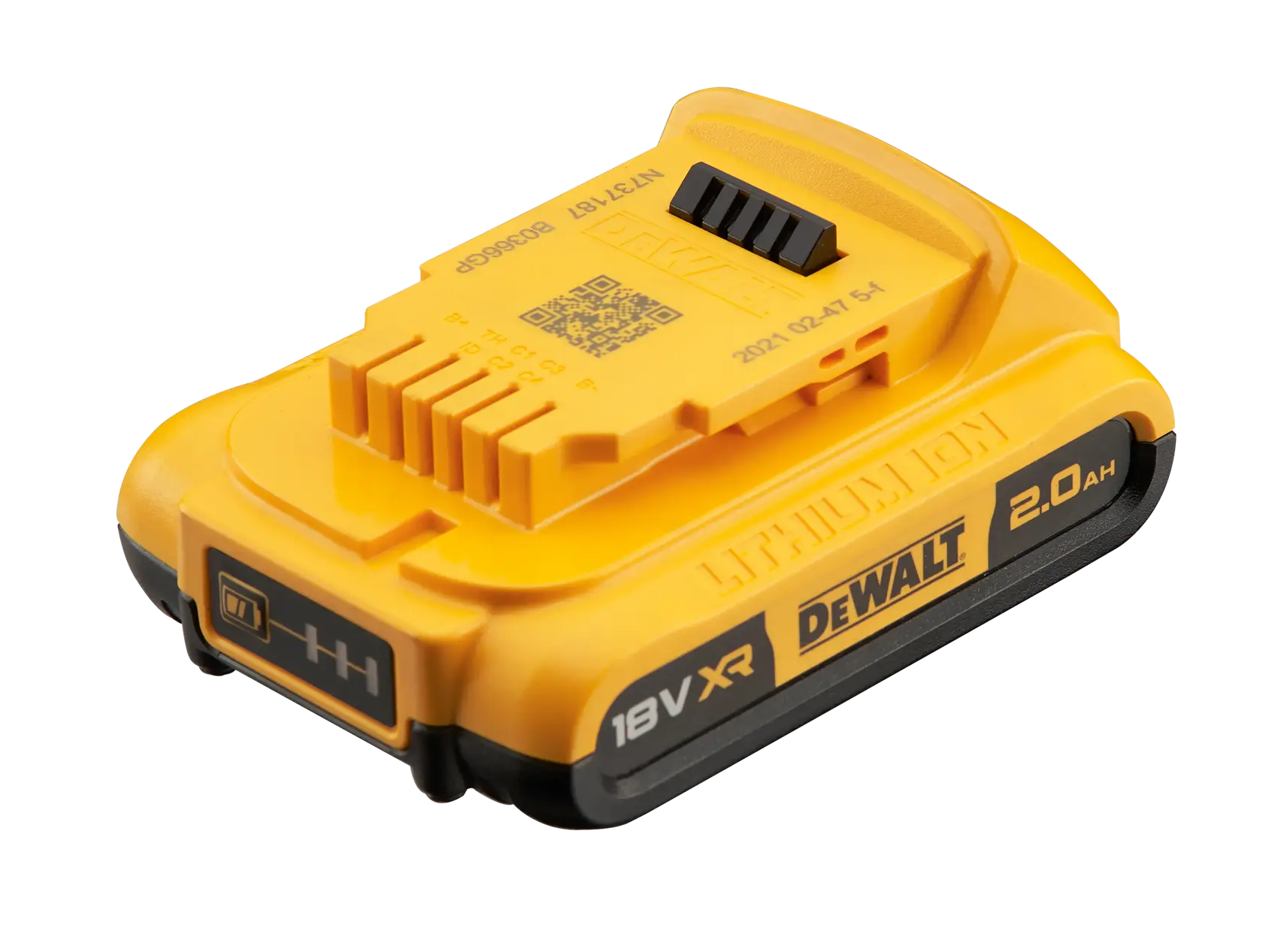 DEWALT DCB183 18V XR 2.0Ah Lithium-Ionen-Akku für Werkzeuge, gelb-schwarzes kompaktes Design.