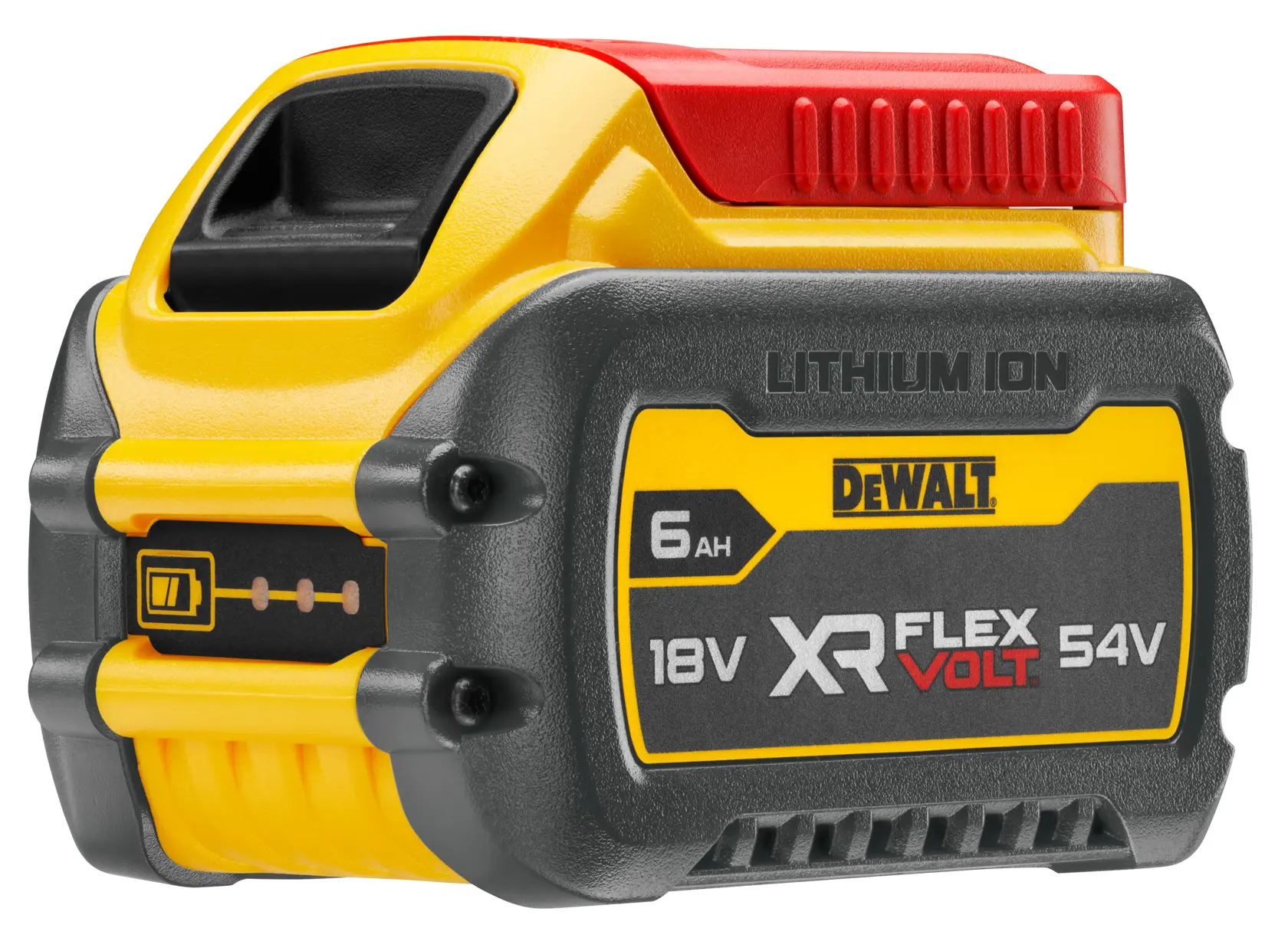 DEWALT XR FlexVolt 18V/54V Lithium-Ionen-Akku mit 6Ah, gelbem, schwarzem und rotem Gehäuse, DEWALT-Logo und Batterieanzeige.