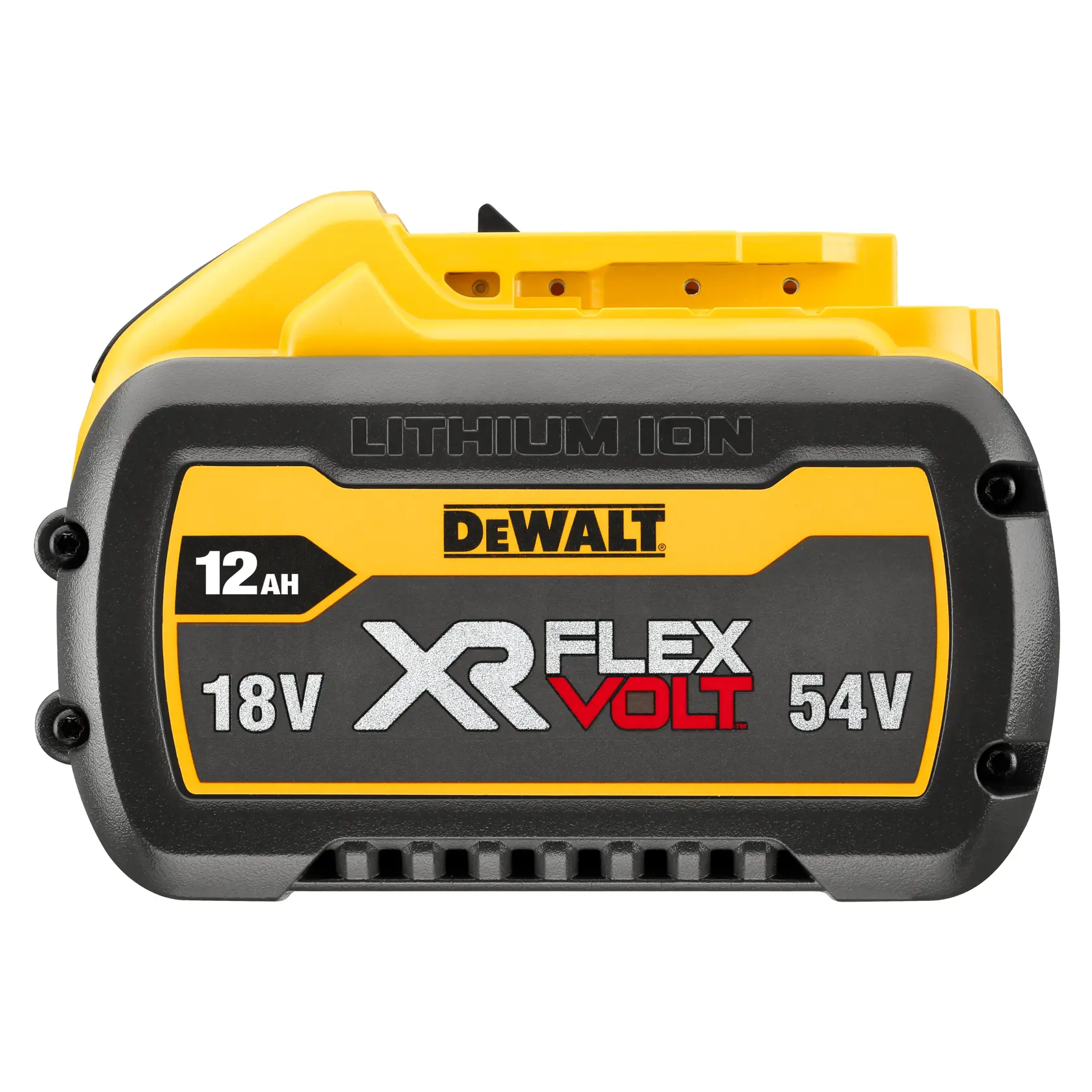 Vorderansicht eines DEWALT XR FLEXVOLT Lithium-Ionen-Akkus mit einer Kapazität von 12 Ah und Kompatibilität mit 18V und 54V Werkzeugen.