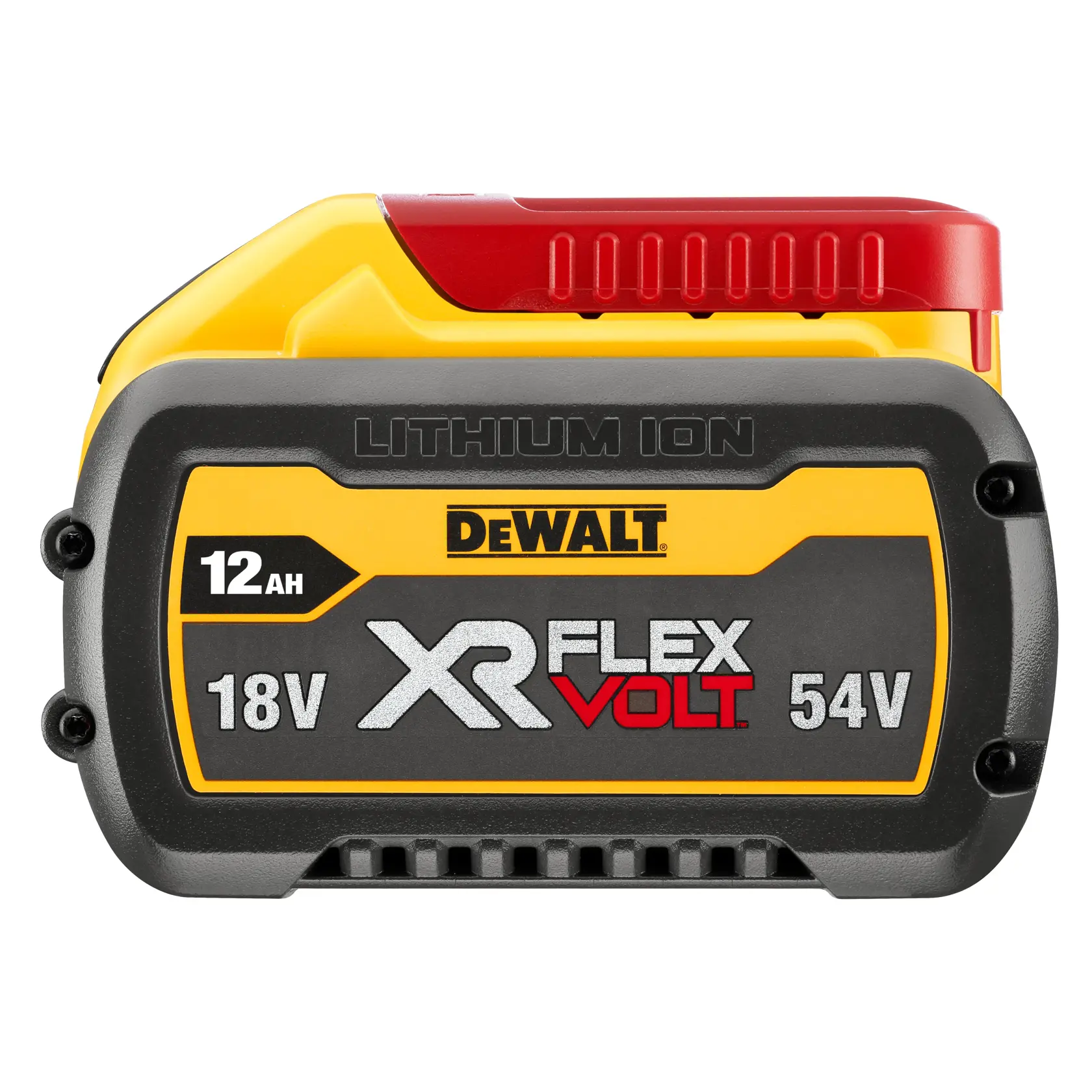 Ein DEWALT XR FlexVolt Lithium-Ionen-Akku mit gelb-schwarzem Design und den Spezifikationen 12Ah, 18V und 54V.
