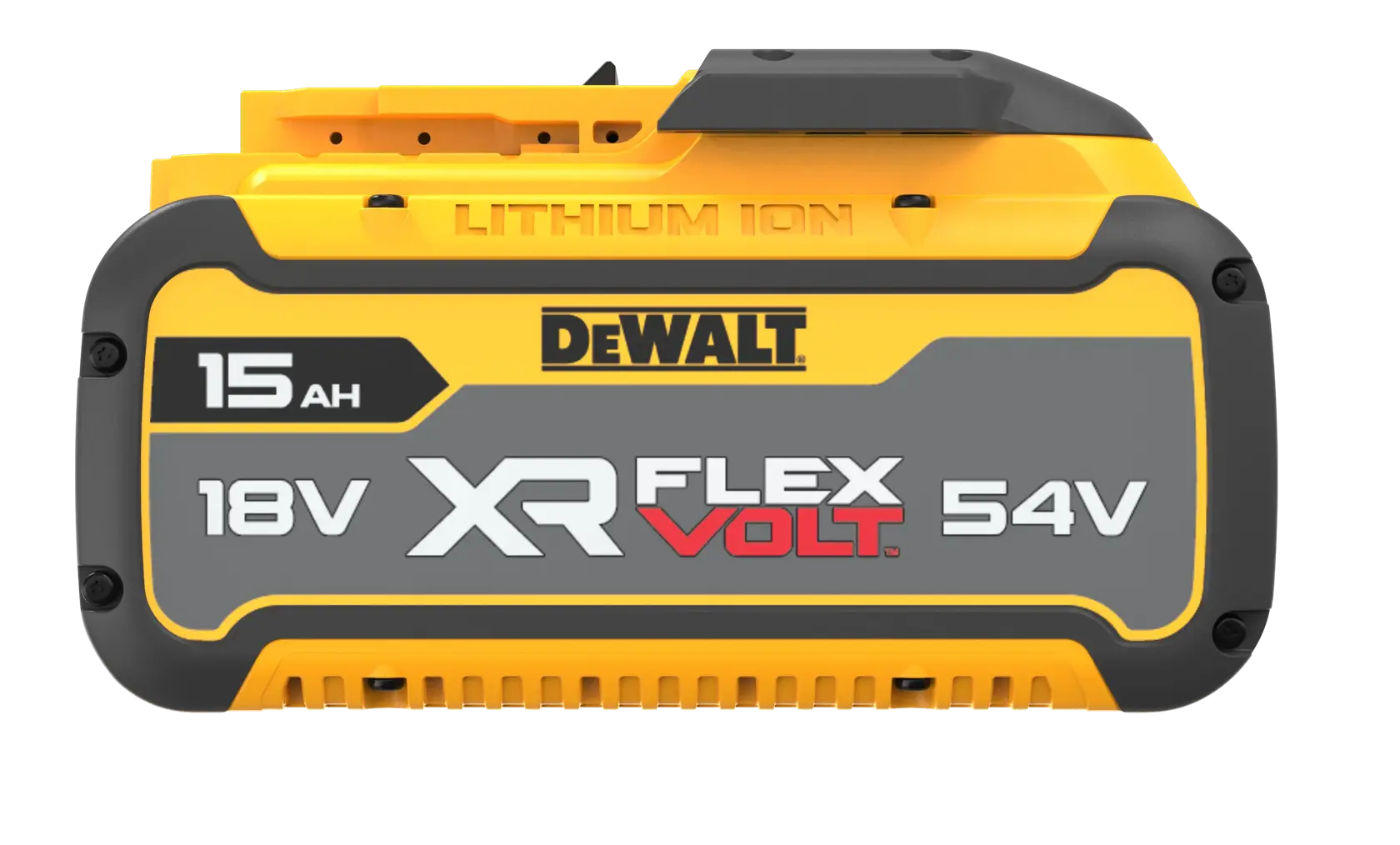DEWALT XR FLEXVOLT Lithium-Ionen-Akku, 15Ah, 18V/54V. Gelb-grau mit Branding.