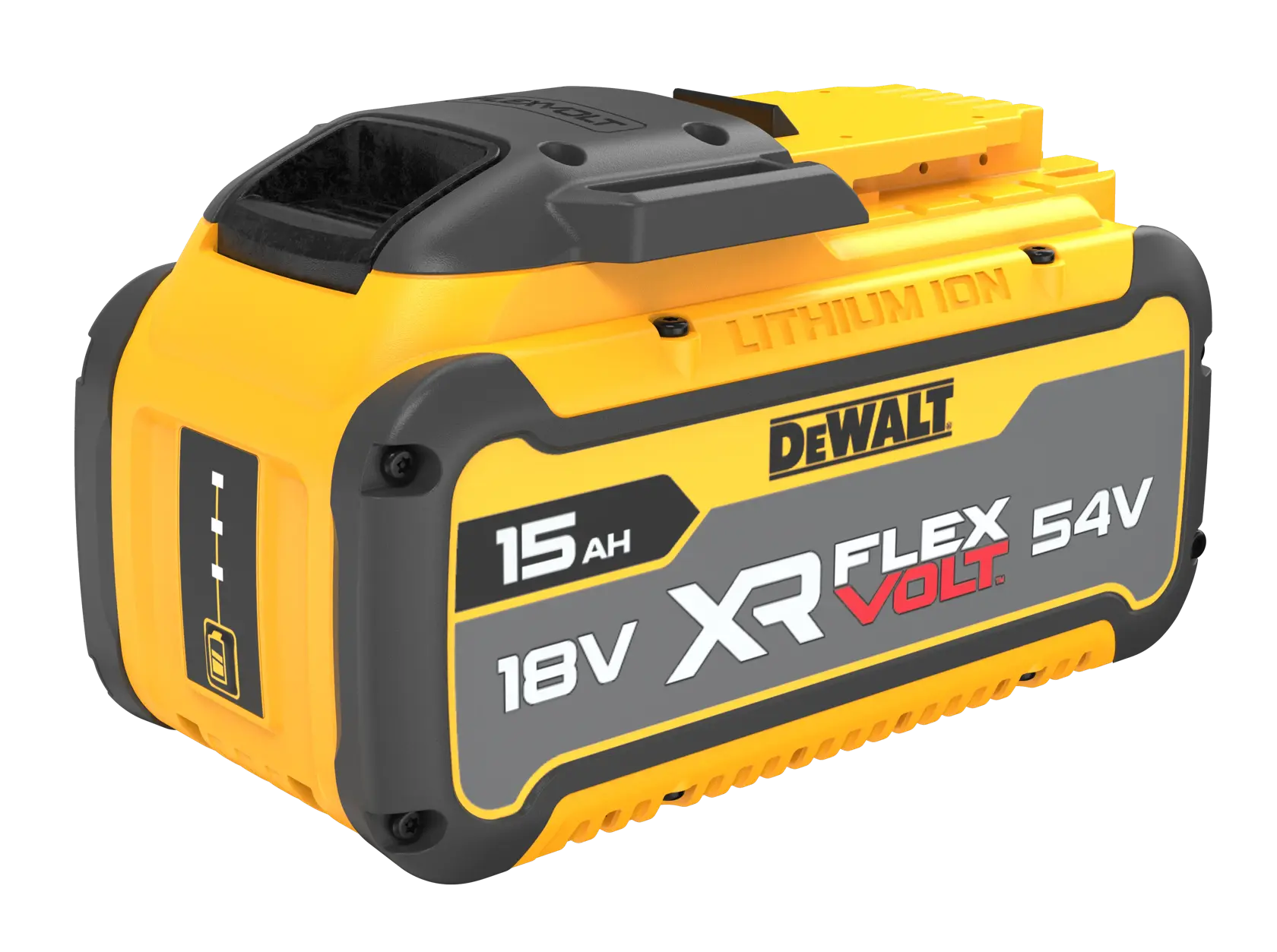 DEWALT XR FLEXVOLT 15Ah Lithium-Ionen-Akku, 18V/54V, gelb-schwarzes Werkzeugzubehör.
