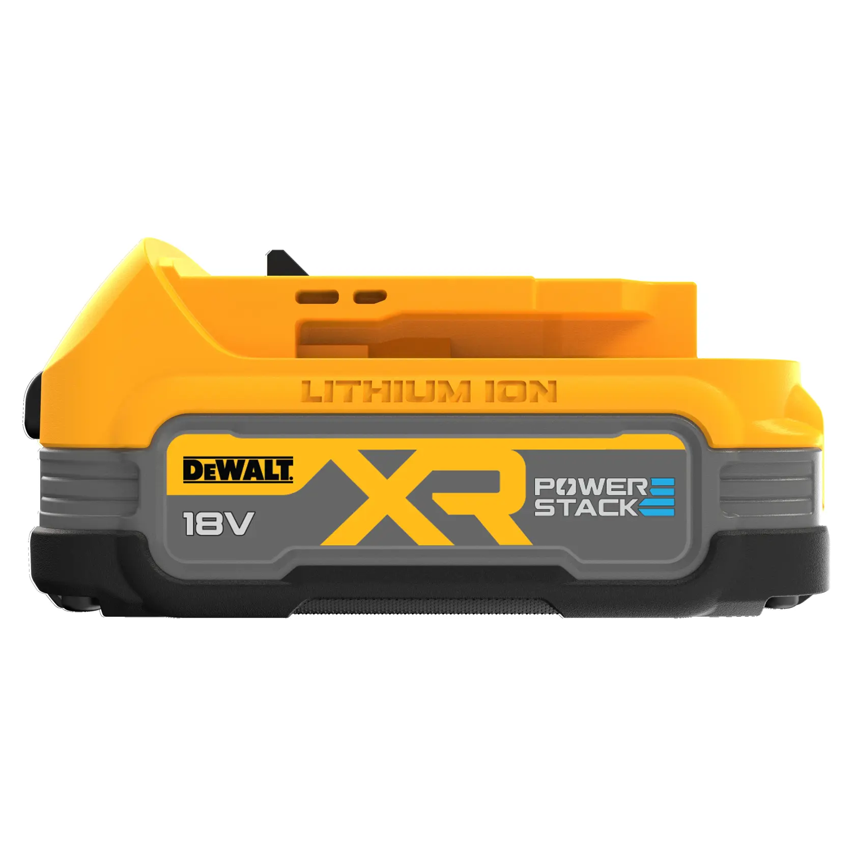 DEWALT 18V XR Powerstack Lithium-Ionen-Akku, gelb und schwarz, Seitenansicht mit Markenlabel.