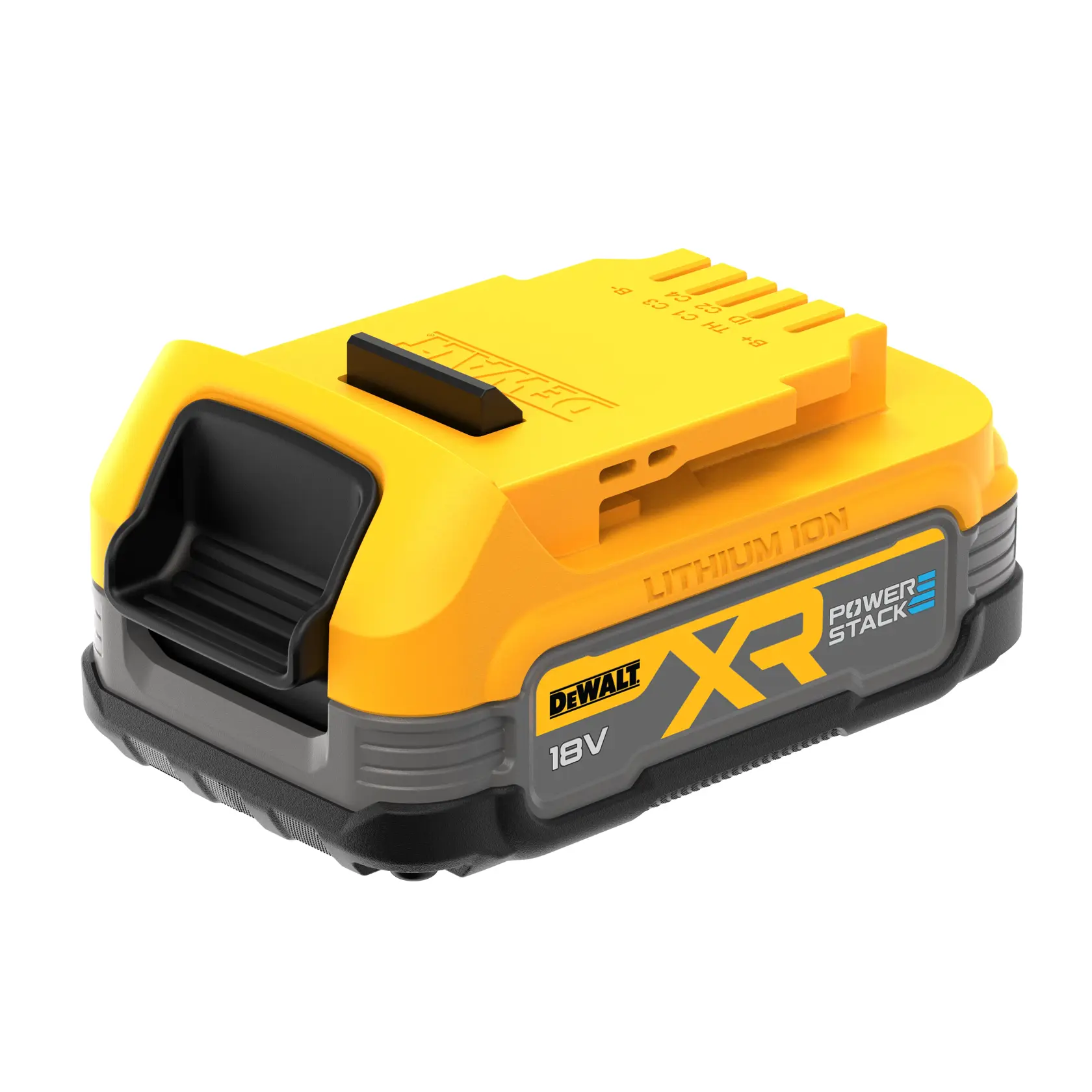 DEWALT XR POWERSTACK 18V Lithium-Ionen-Akku in Gelb und Schwarz, kompaktes Design.