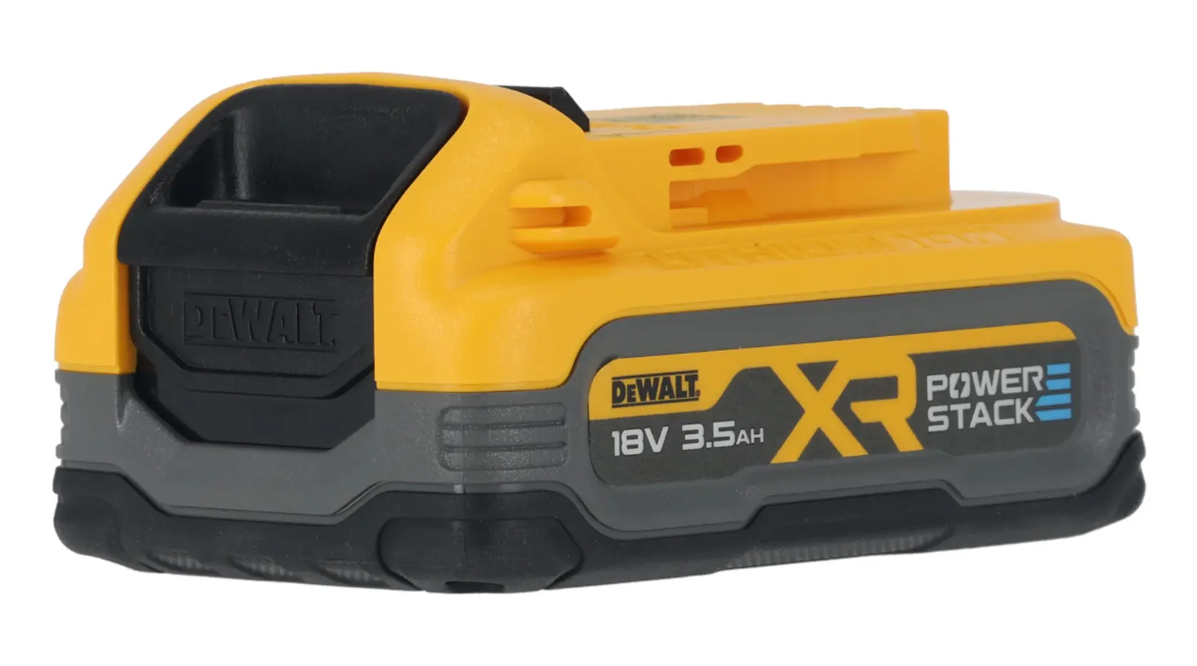 Batería DEWALT 18V XR Powerstack 3,5Ah con carcasa amarilla y negra, vista lateral.