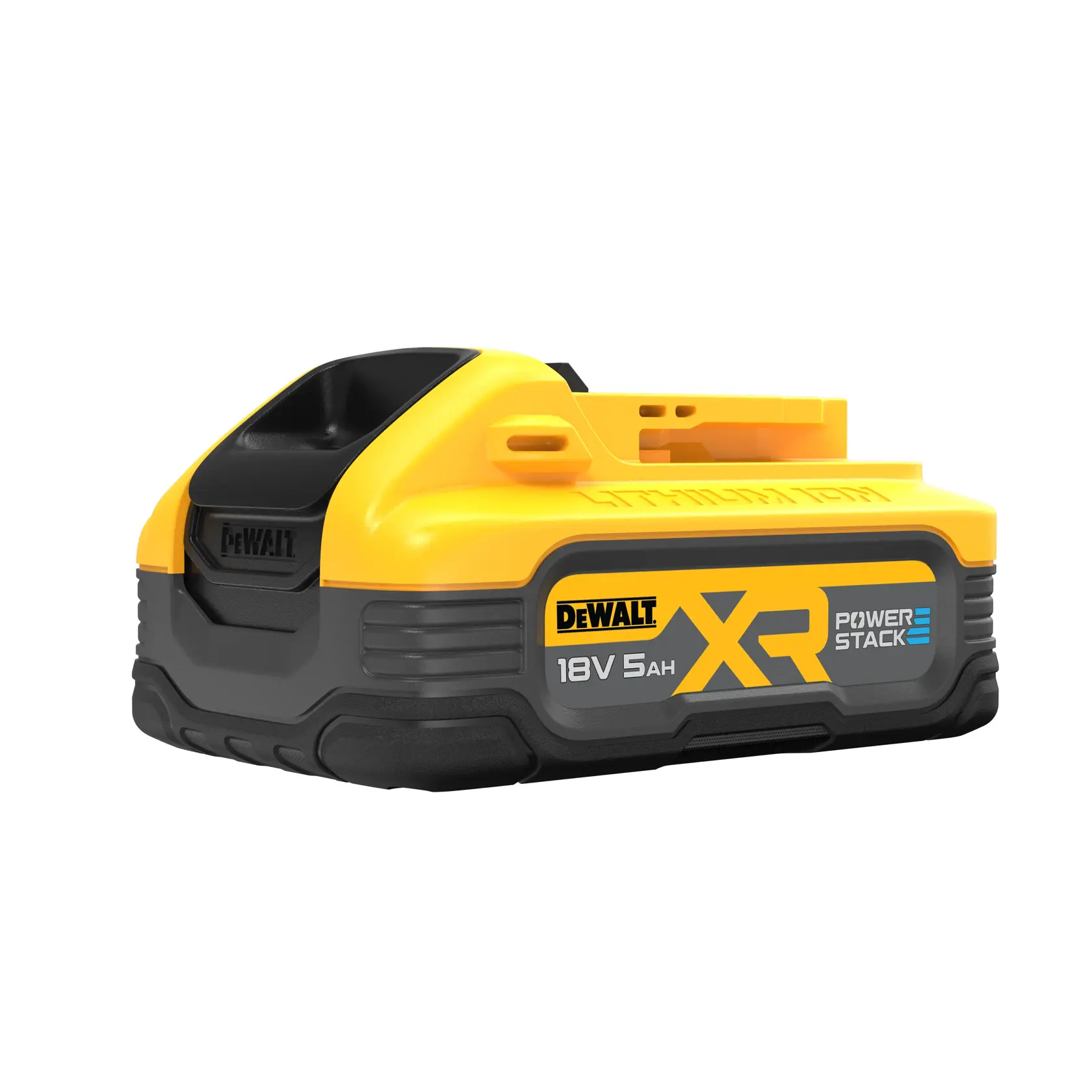 DEWALT 18V XR Powerstack Akku, 5Ah Kapazität, gelb und schwarz, vor weißem Hintergrund.