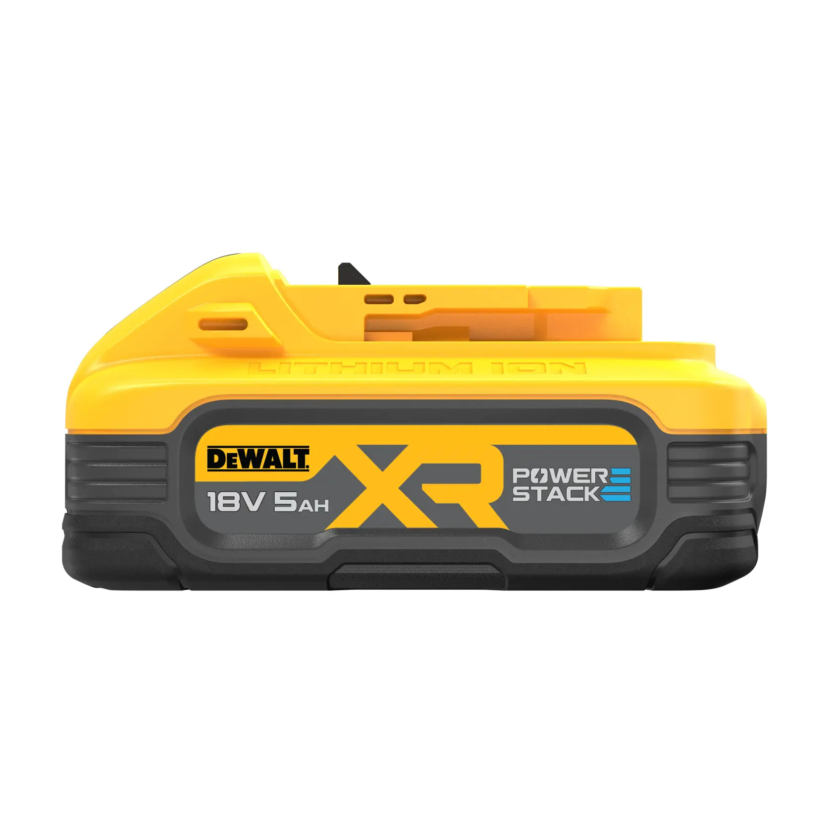 DEWALT XR Powerstack 18V 5Ah Lithium-Ionen-Akku, gelb und schwarz, Seitenansicht.