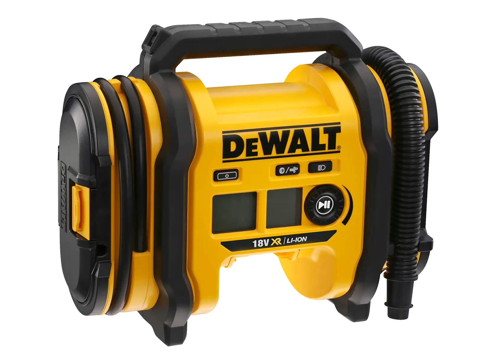 Ein tragbarer DEWALT 18V XR Li-Ion Luftkompressor mit Griff, Digitalanzeige und Schlauchanschluss vor weißem Hintergrund.