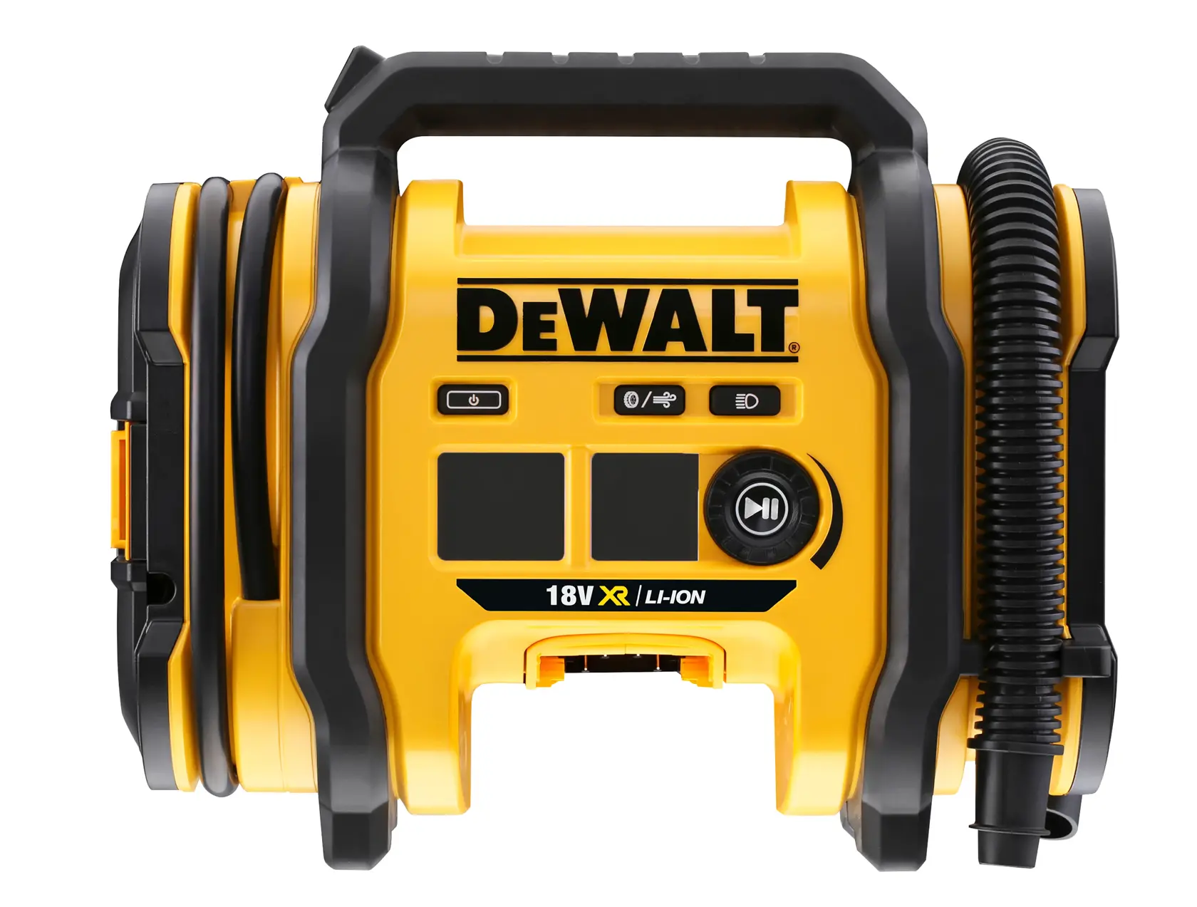 Vorderansicht eines tragbaren DEWALT 18V XR Li-Ion-Luftkompressors mit Griff oben, angeschlossenem schwarzen Schlauch und Bedienknöpfen auf der Vorderseite.