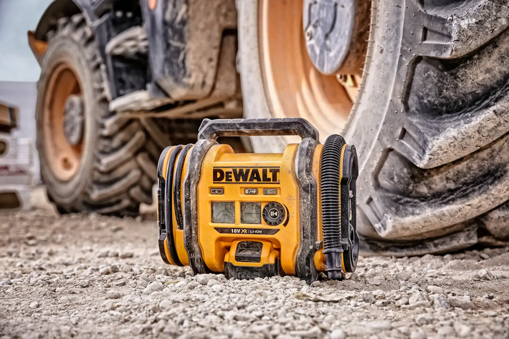 Front view of a DEWALT 18V XR Li-Ion portable air inflator with a handle on top, black hose attached, and control buttons on the front.