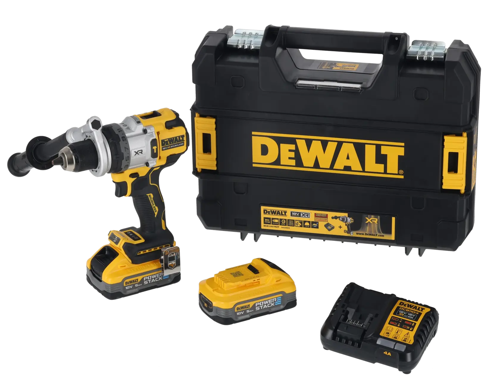 DEWALT cordless drill set with battery, charger, and branded carrying case on a white background.