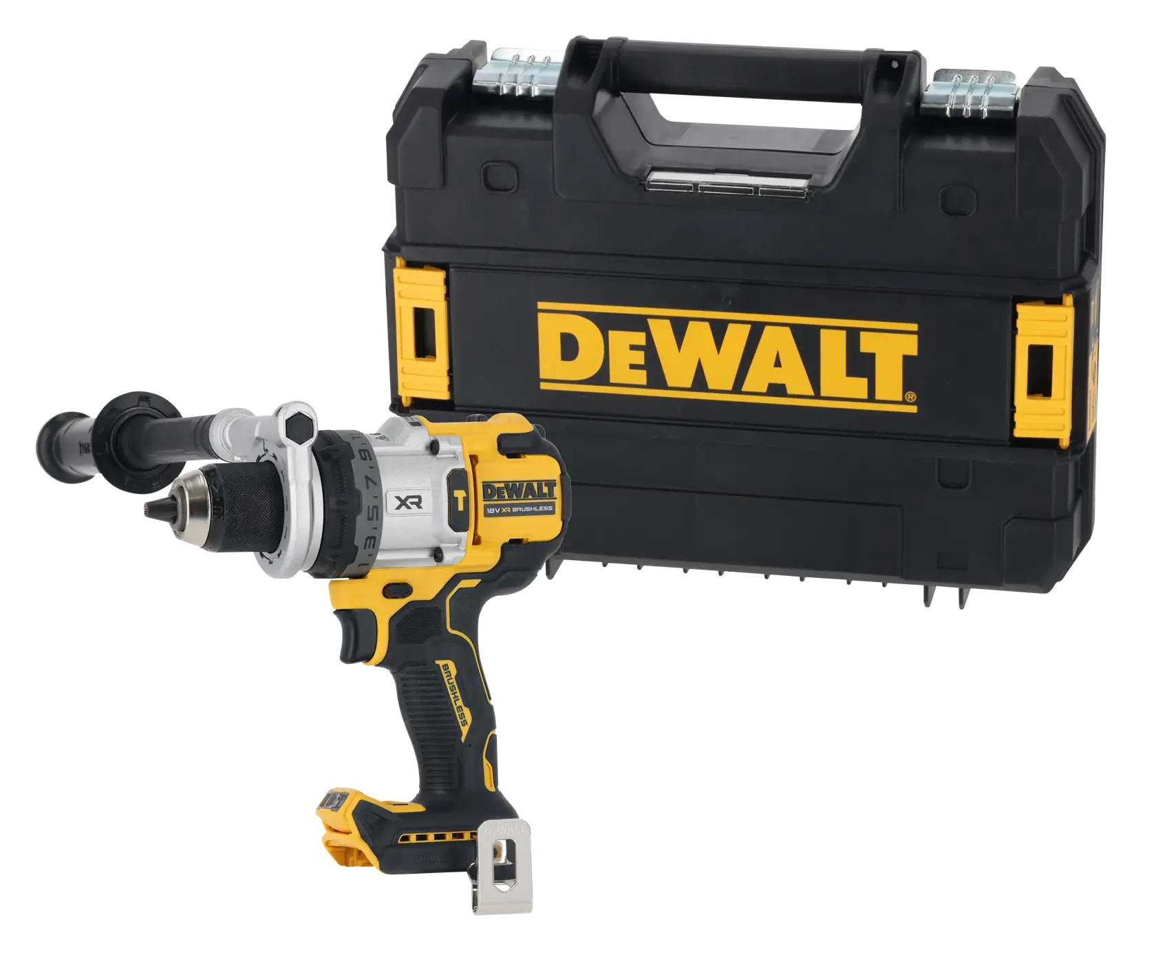 A DEWALT cordless power drill with a side handle is positioned in front of a black DEWALT carrying case with yellow accents.