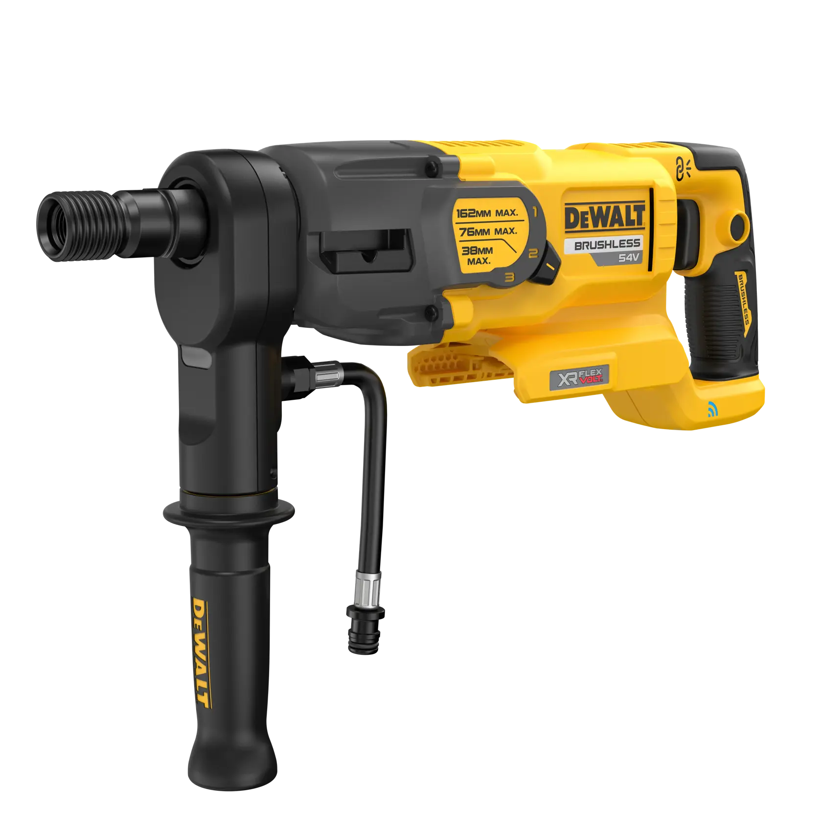 DEWALT DCD150NK cordless brushless drill with side handle and water hose attachment, shown in yellow and black.