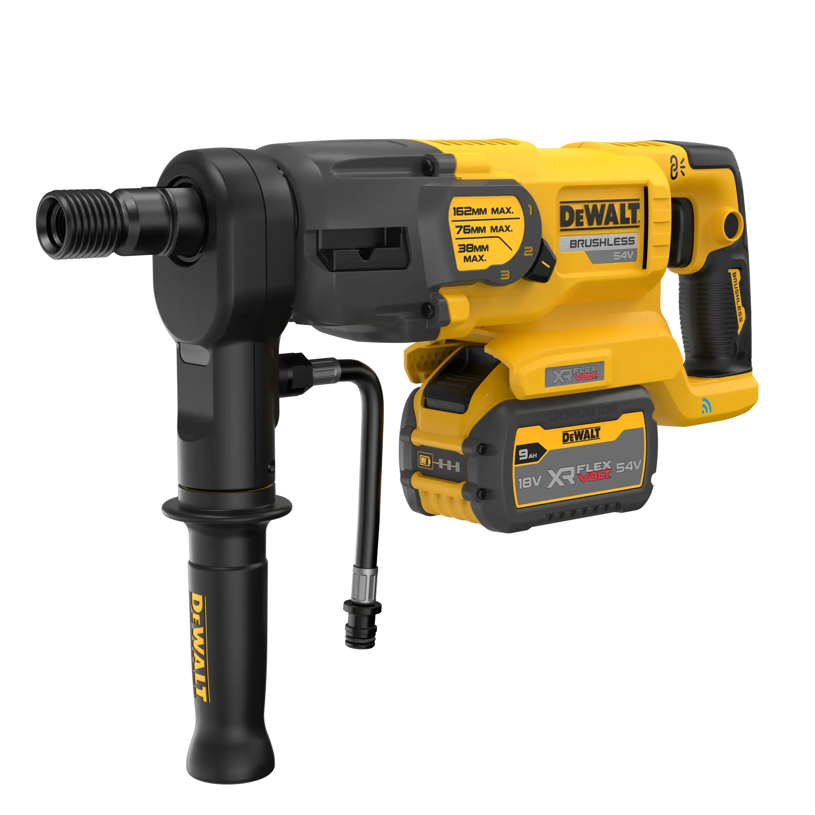 DEWALT cordless brushless hammer drill with yellow and black design, featuring an auxiliary handle and XR Flexvolt 54V lithium-ion battery.