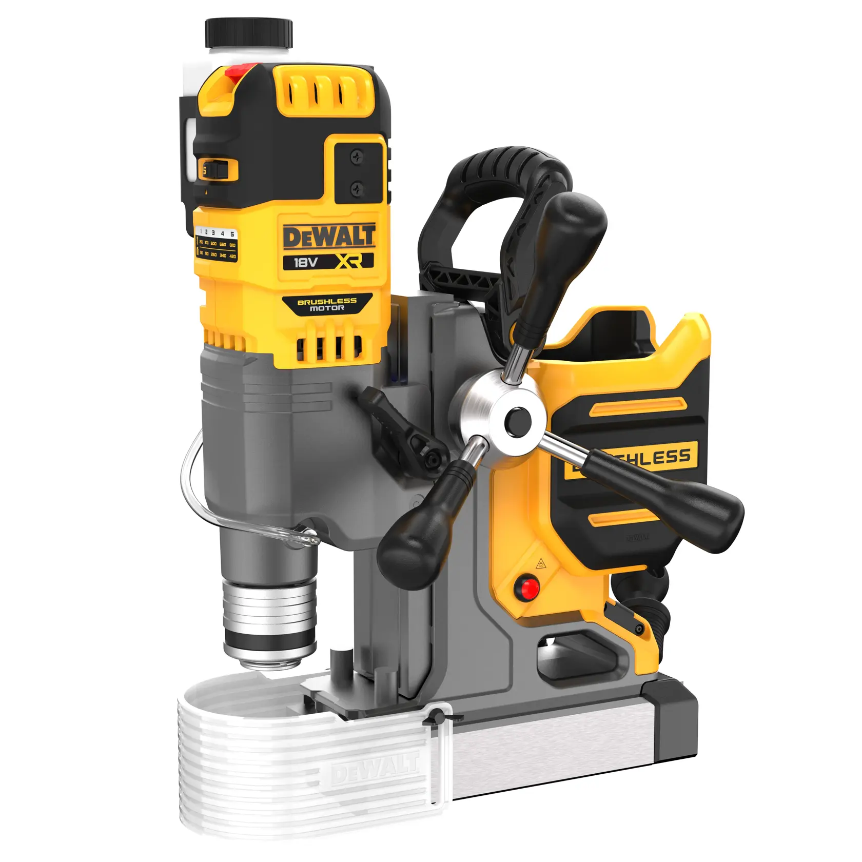 DEWALT 18V Akku-Magnetbohrmaschine mit bürstenlosem Motor, gelb-schwarz, auf weißem Hintergrund.