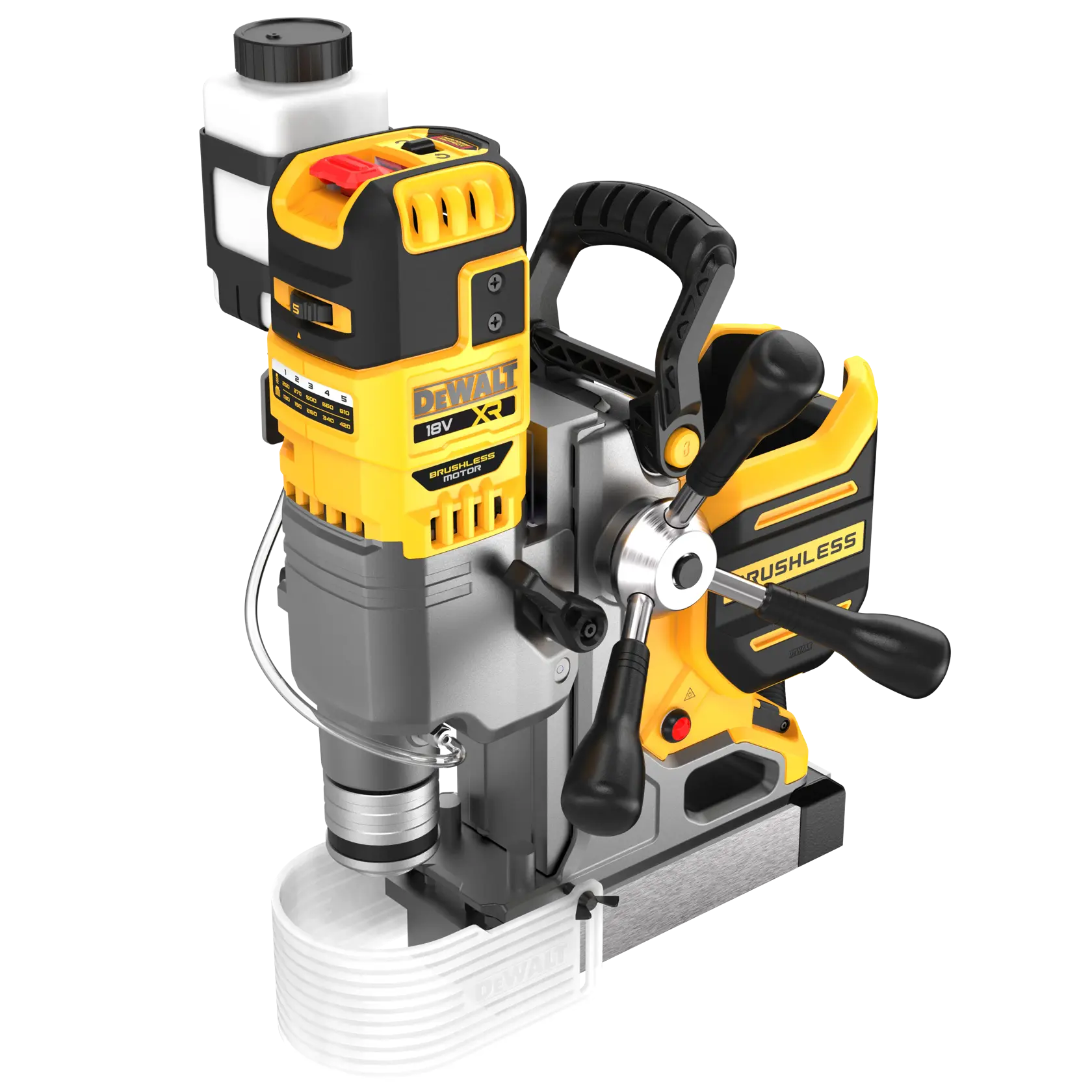 DEWALT DCD1623N 18V bürstenlose Magnetbohrmaschine mit Griff und Knöpfen auf weißem Hintergrund.
