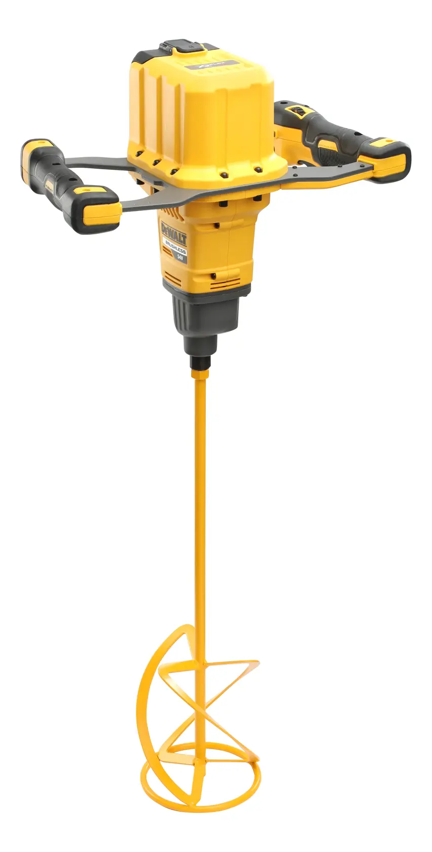 Yellow dual-handle DEWALT paddle mixer for construction, shown upright with mixing attachment.